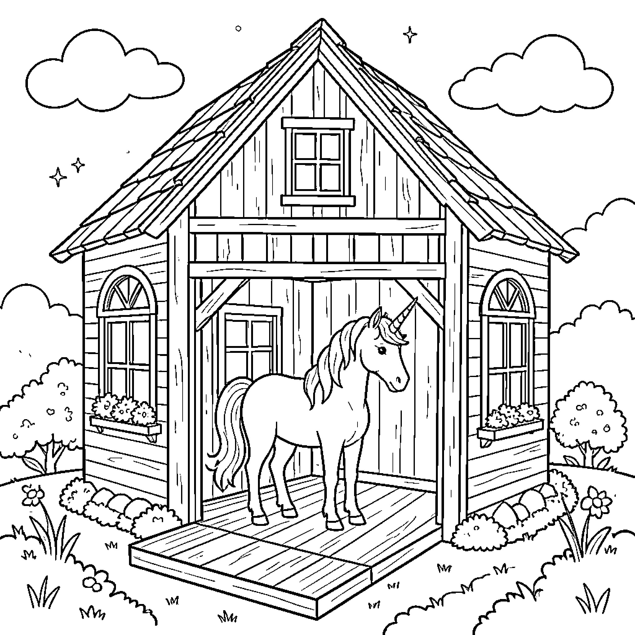 Unicorn standing peacefully inside a small wooden house Coloring Page (free black-and-white line drawing printable PDF for all, from beginners to advanced learners, including children, teens, adults, and seniors)