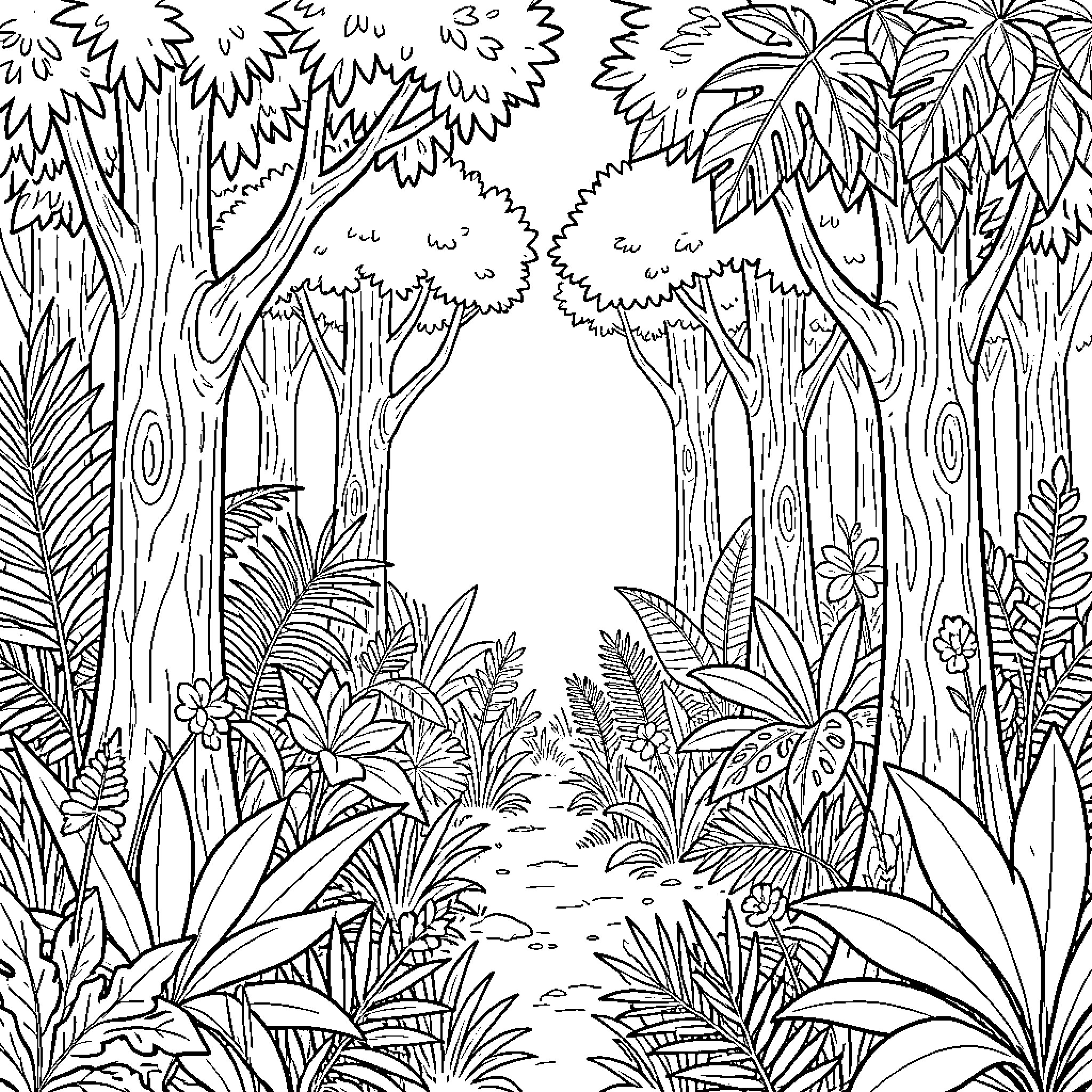 Jungle path winding through dense tropical trees and plants Coloring Page (free black-and-white line drawing printable PDF for all, from beginners to advanced learners, including children, teens, adults, and seniors)