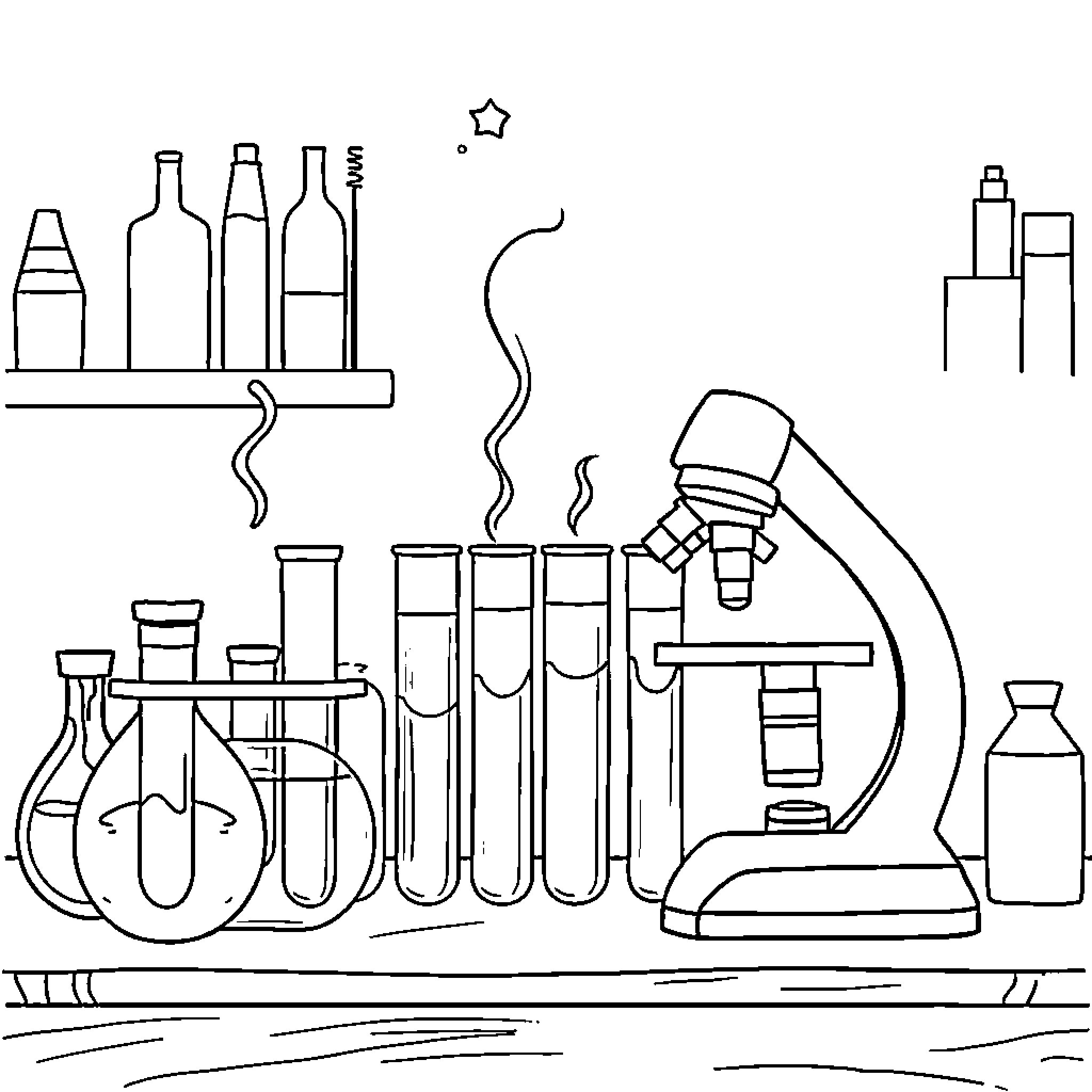 Science equipment and instruments in laboratory Coloring Page (free black-and-white line drawing printable PDF for all, from beginners to advanced learners, including children, teens, adults, and seniors)