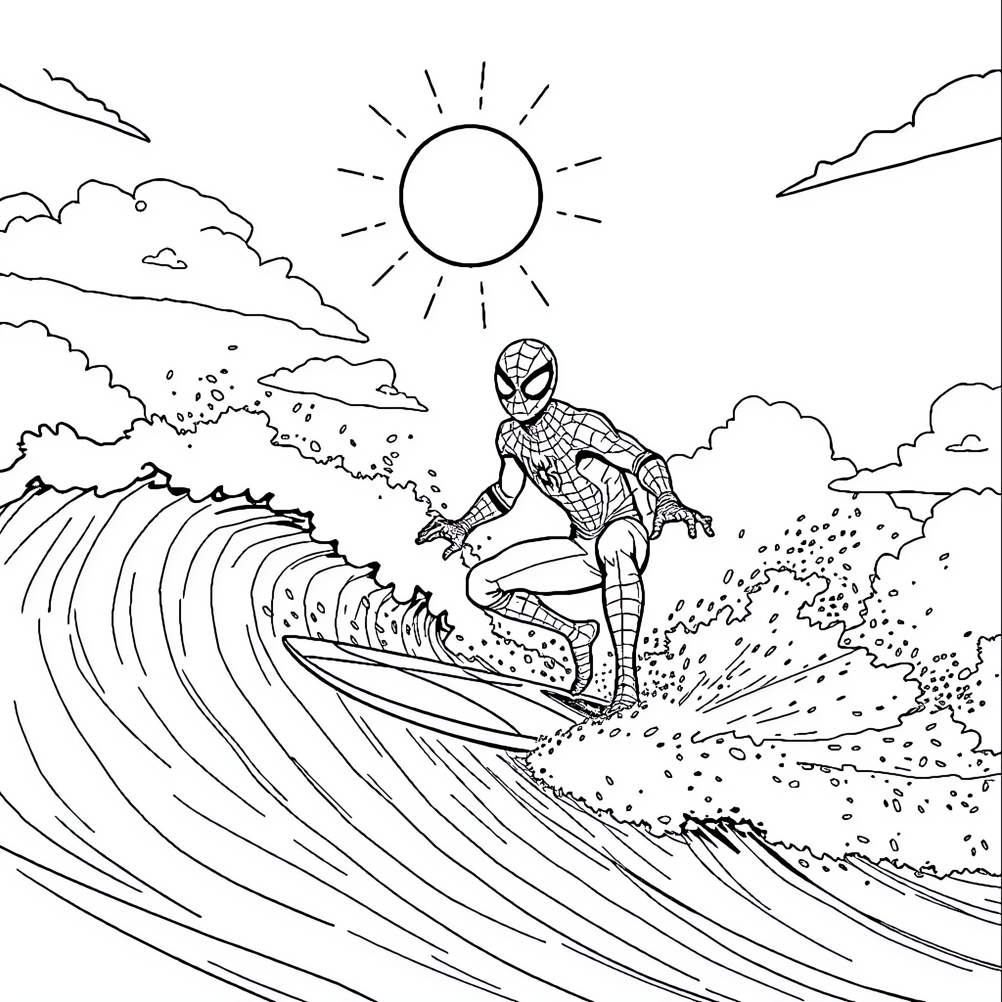 Spiderman surfing the massive waves Coloring Page (free black-and-white line drawing printable PDF for all, from beginners to advanced learners, including children, teens, adults, and seniors)