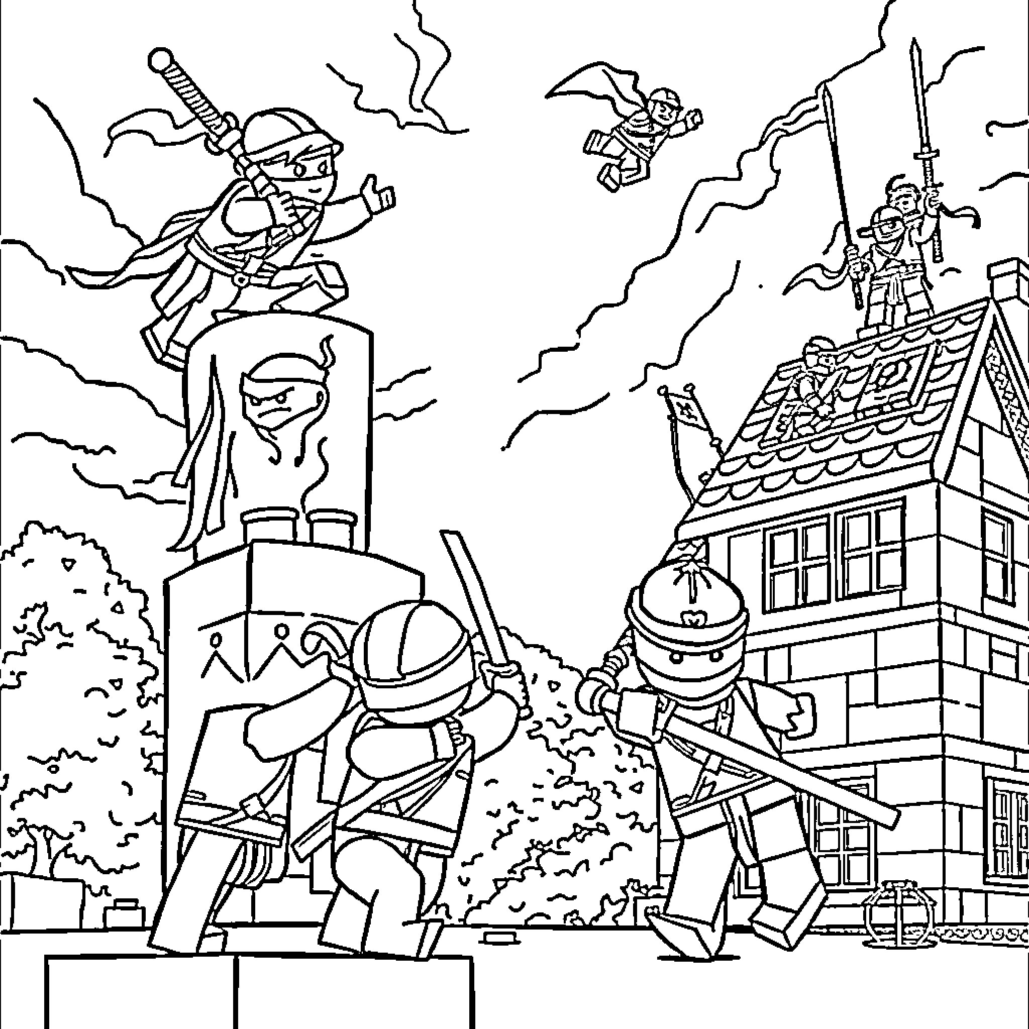Ninja warriors battle in a surreal landscape Coloring Page (free black-and-white line drawing printable PDF for all, from beginners to advanced learners, including children, teens, adults, and seniors)