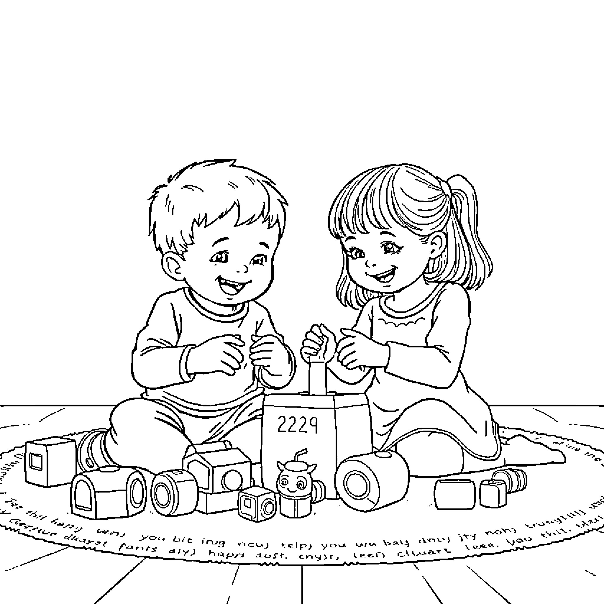 Sibling's Imaginative Play with Toys Coloring Page (free black-and-white line drawing printable PDF for all, from beginners to advanced learners, including children, teens, adults, and seniors)