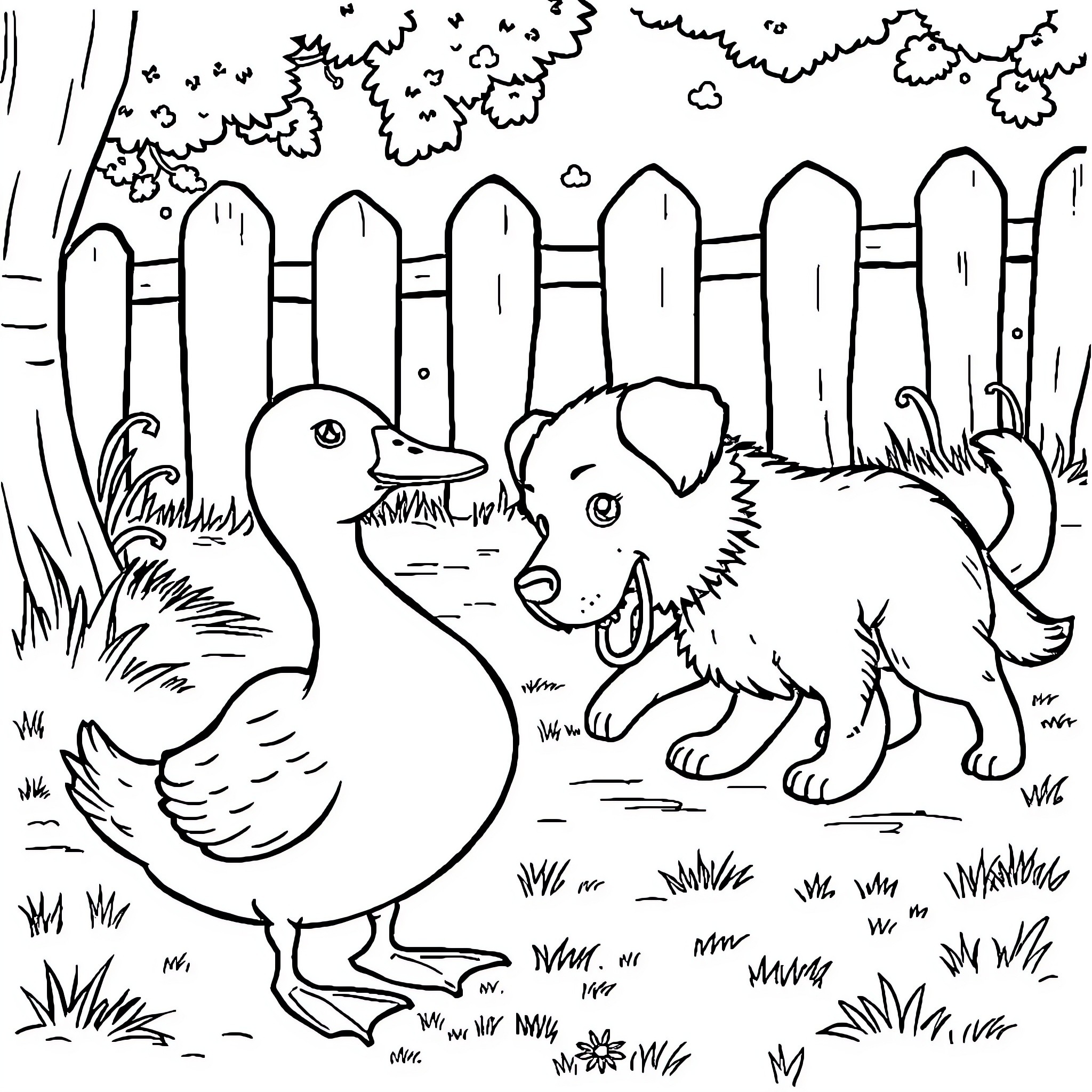 Duck and dog playing in a fenced yard Coloring Page (free black-and-white line drawing printable PDF for all, from beginners to advanced learners, including children, teens, adults, and seniors)