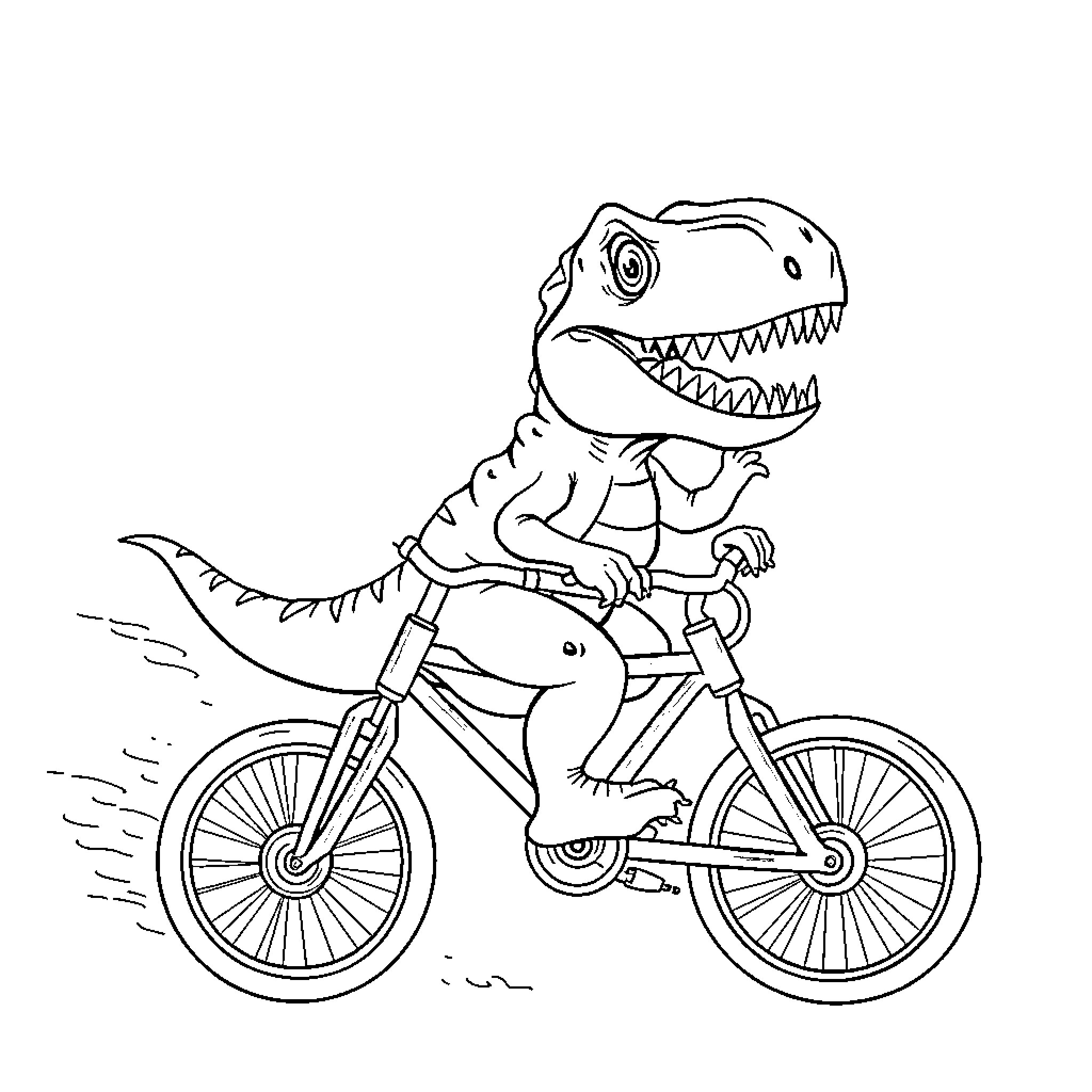 T-Rex riding a bicycle Coloring Page (free black-and-white line drawing printable PDF for all, from beginners to advanced learners, including children, teens, adults, and seniors)