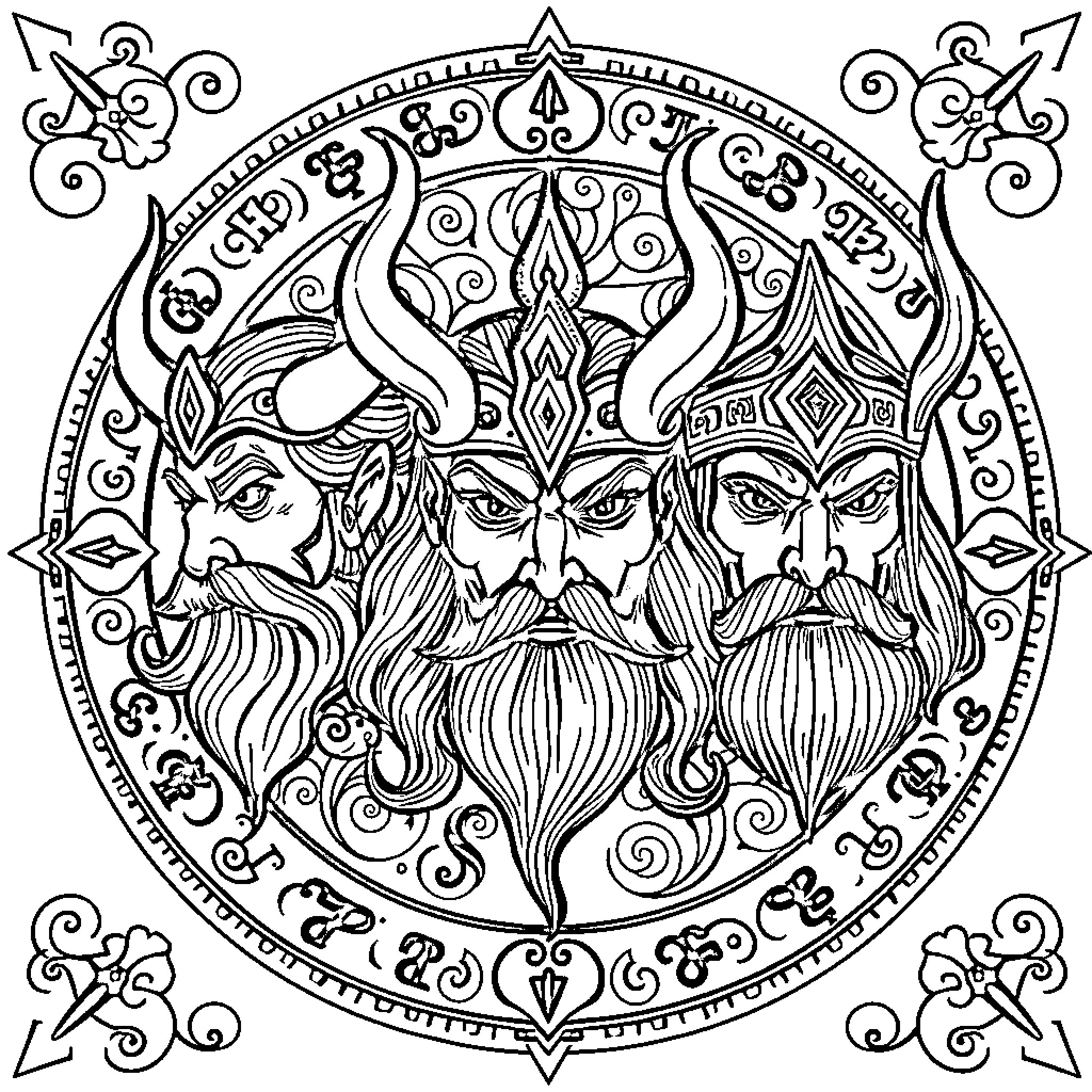 Norse Gods in Ornate Mythological Depiction Coloring Page (free black-and-white line drawing printable PDF for all, from beginners to advanced learners, including children, teens, adults, and seniors)