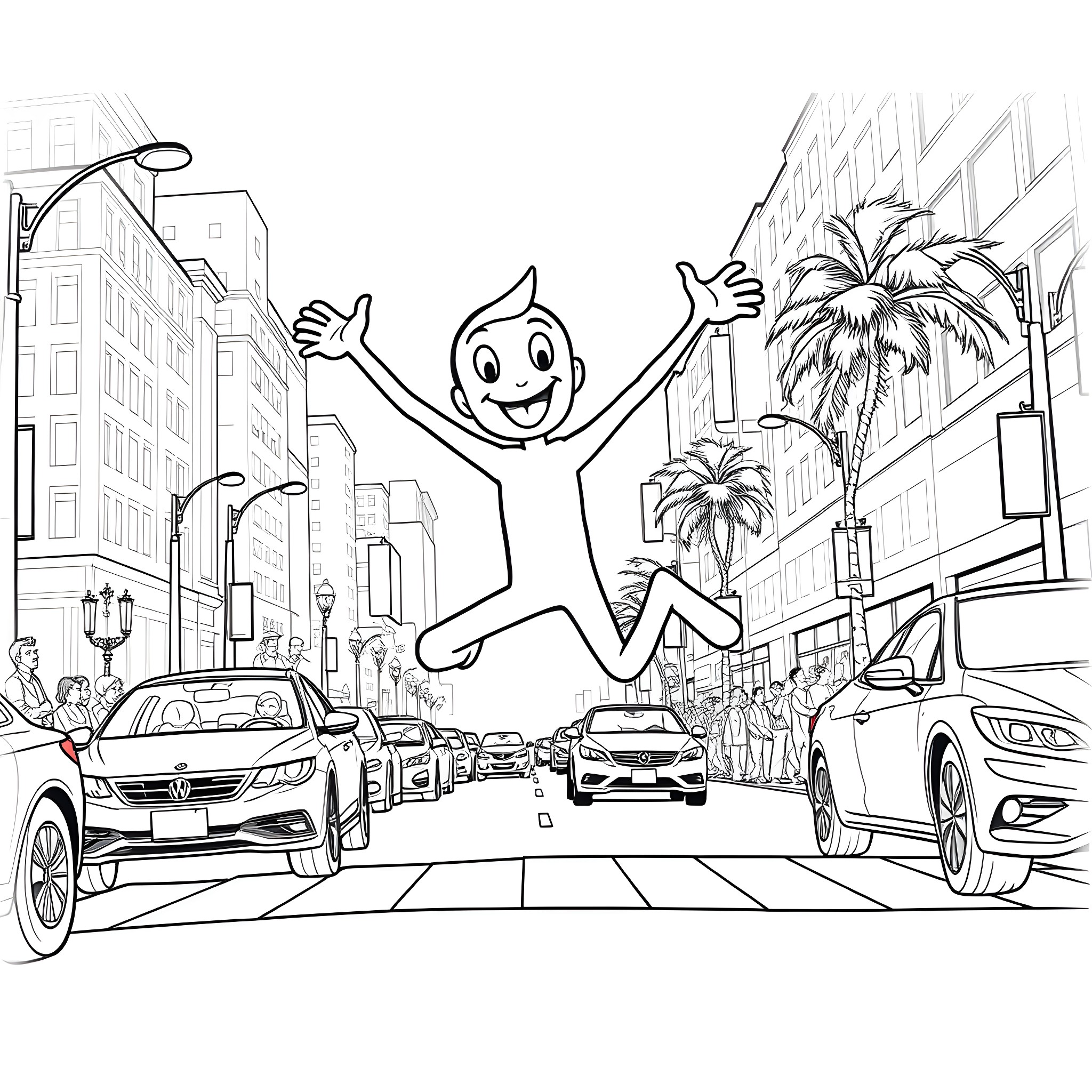 Gumby's Joyful Adventure in the City Coloring Page (free black-and-white line drawing printable PDF for all, from beginners to advanced learners, including children, teens, adults, and seniors)