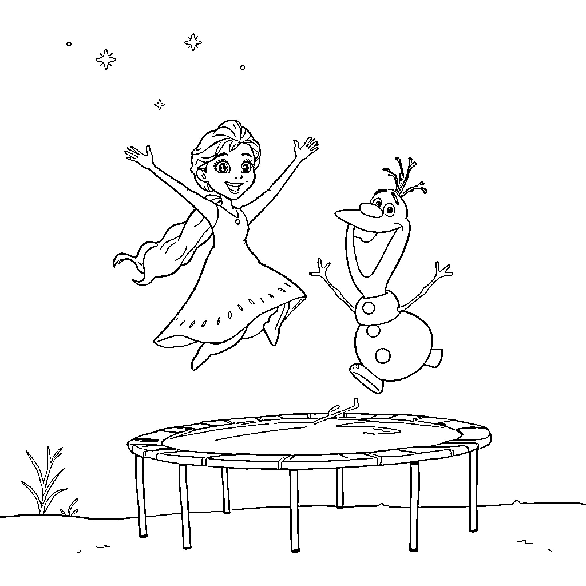 Queen's Joyful Dance with Olaf the Snowman Coloring Page (free black-and-white line drawing printable PDF for all, from beginners to advanced learners, including children, teens, adults, and seniors)