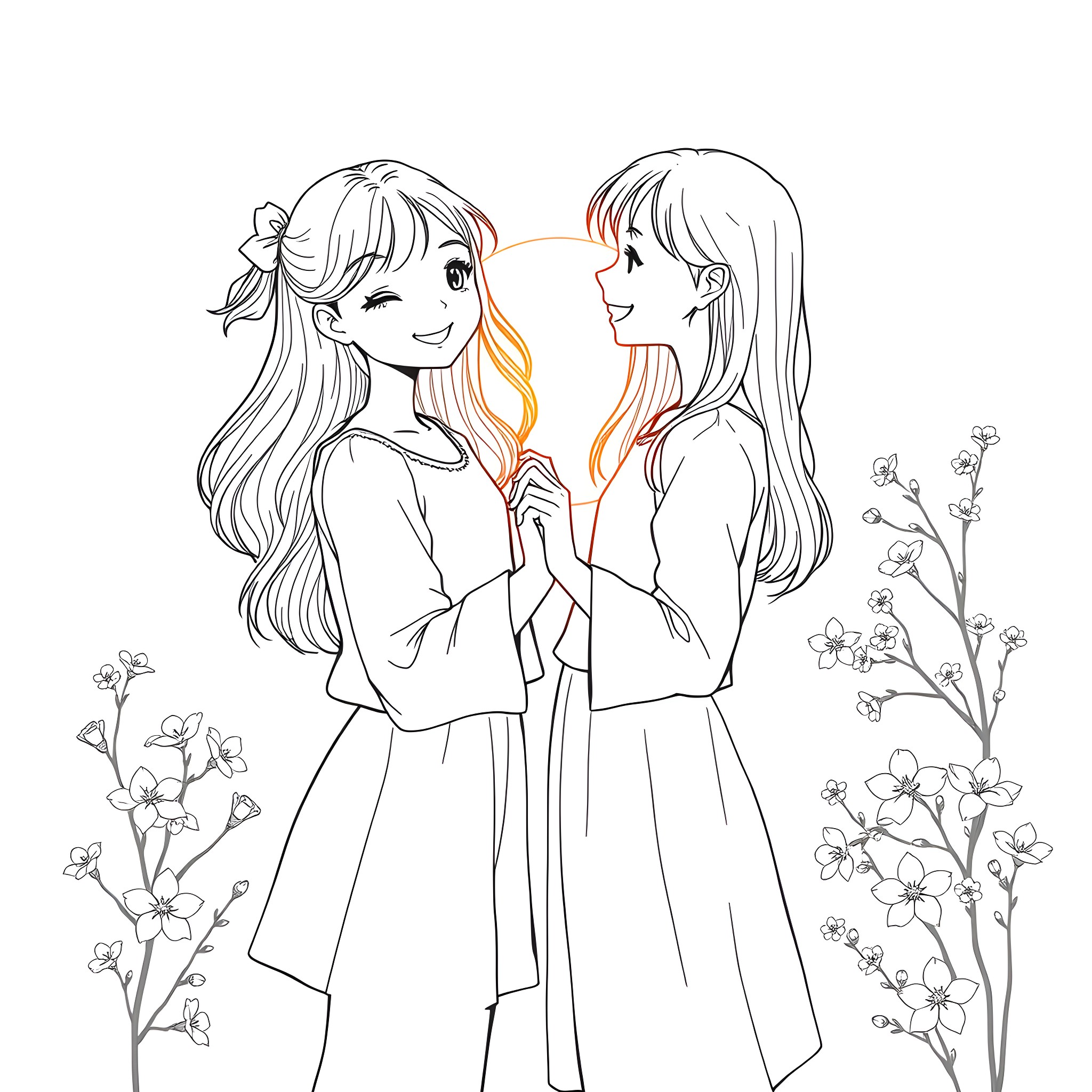 Girl Friends Bonding over Flowers Coloring Page (free black-and-white line drawing printable PDF for all, from beginners to advanced learners, including children, teens, adults, and seniors)