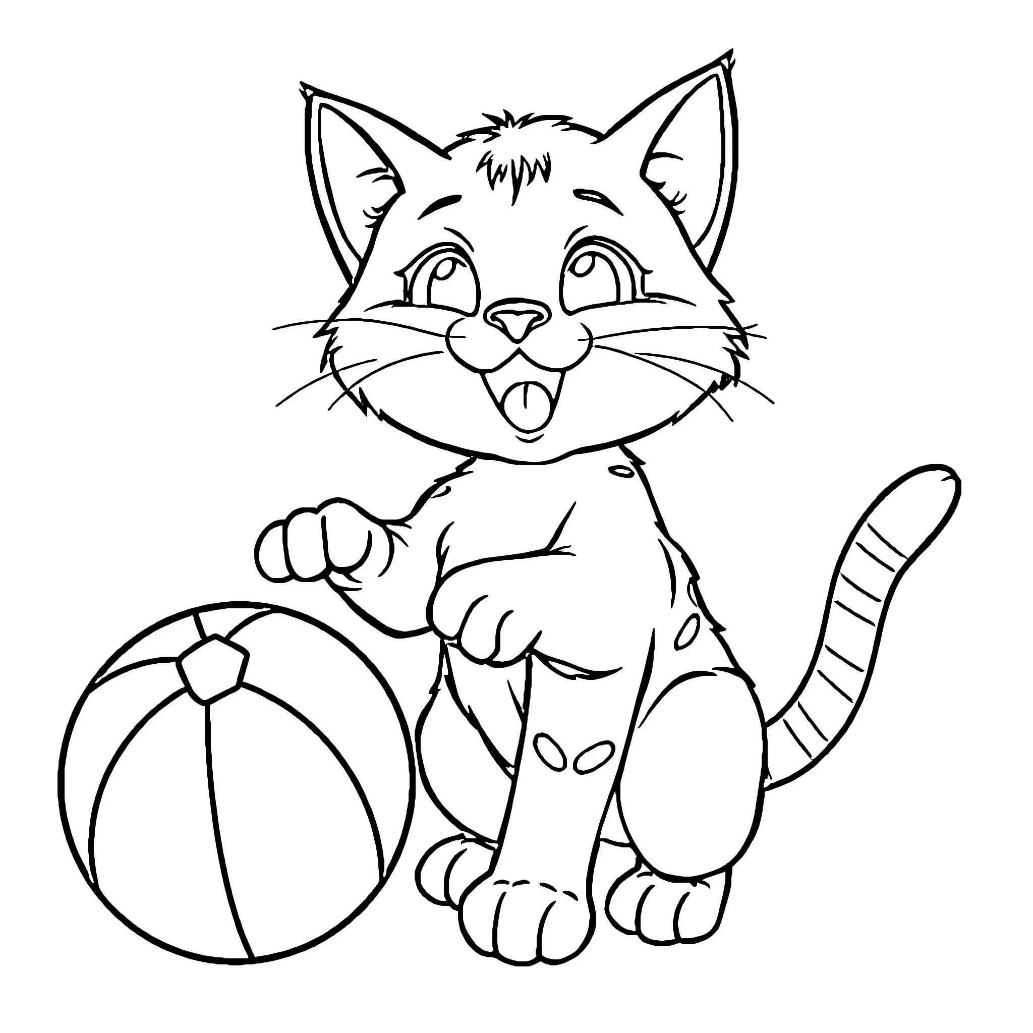 Cat playing with a ball Coloring Page (free black-and-white line drawing printable PDF for all, from beginners to advanced learners, including children, teens, adults, and seniors)