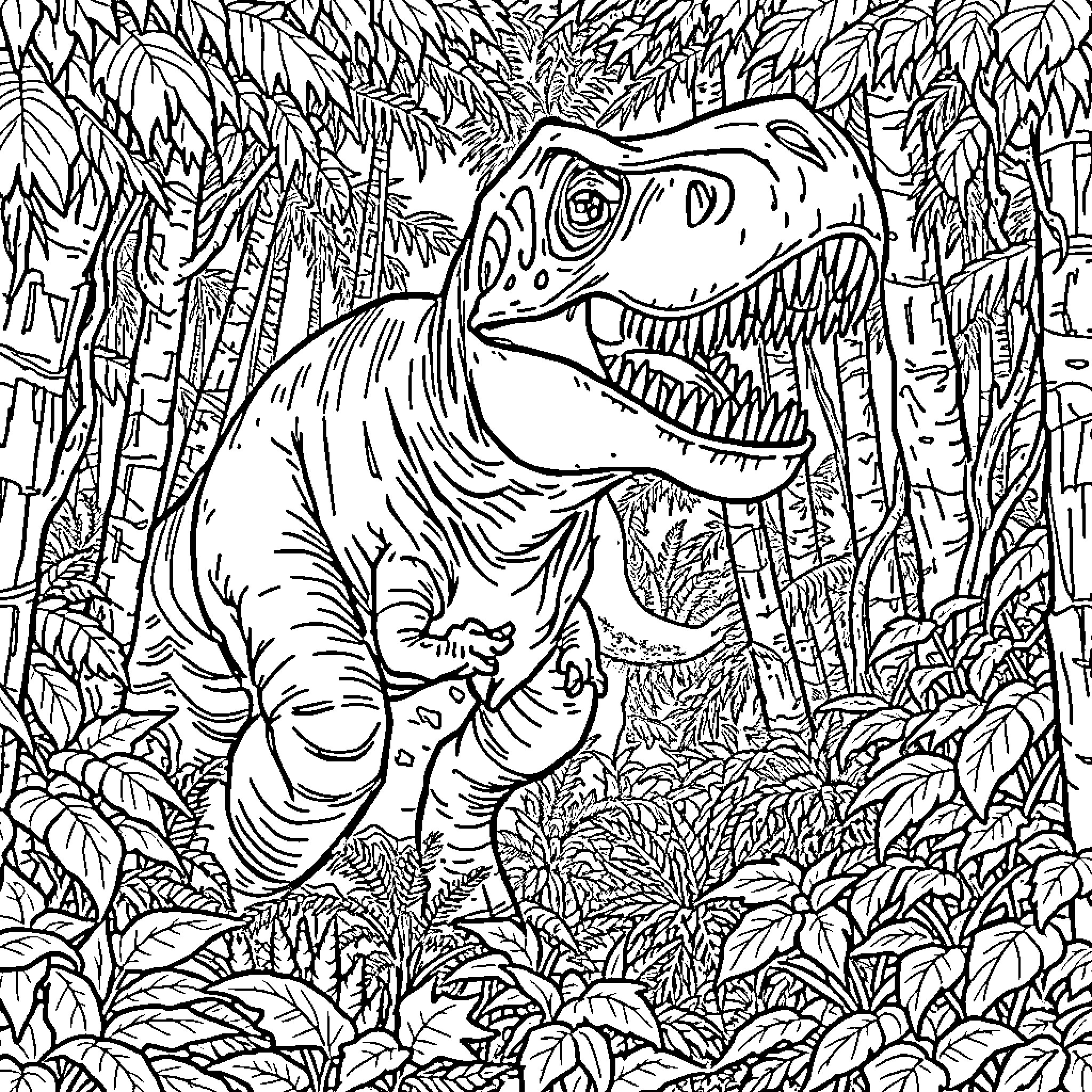 T-Rex roaming through a lush jungle Coloring Page (free black-and-white line drawing printable PDF for all, from beginners to advanced learners, including children, teens, adults, and seniors)