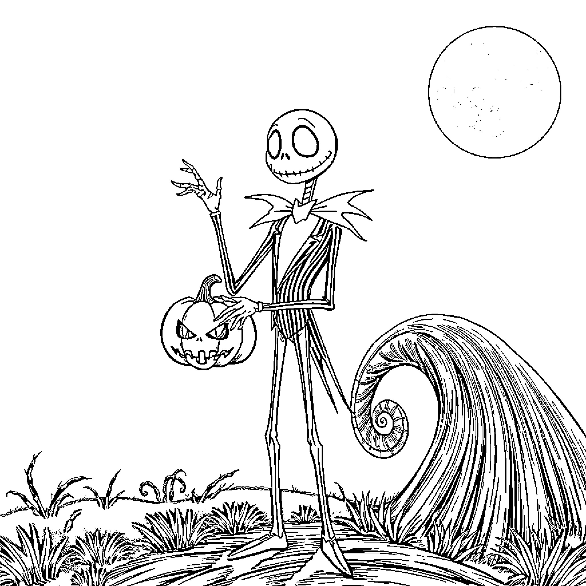 Jack Skellington holding a carved pumpkin in a spooky scene Coloring Page (free black-and-white line drawing printable PDF for all, from beginners to advanced learners, including children, teens, adults, and seniors)