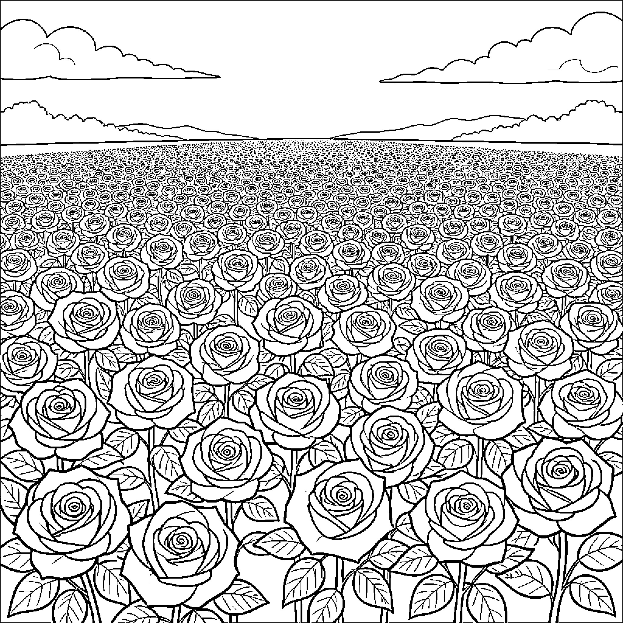 Rose Garden in the Countryside Coloring Page (free black-and-white line drawing printable PDF for all, from beginners to advanced learners, including children, teens, adults, and seniors)