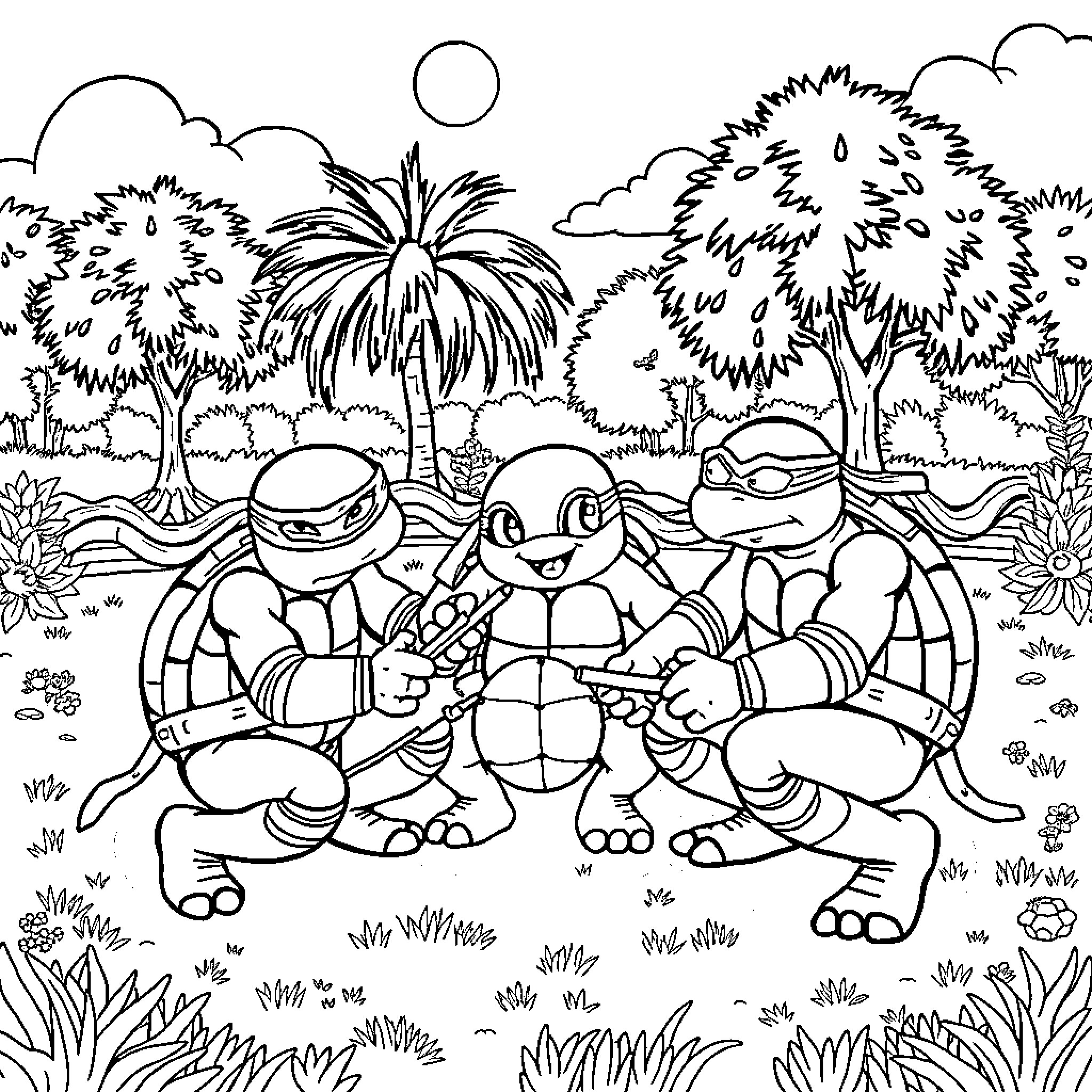 Ninja Turtles explore the lush outdoor environment Coloring Page (free black-and-white line drawing printable PDF for all, from beginners to advanced learners, including children, teens, adults, and seniors)