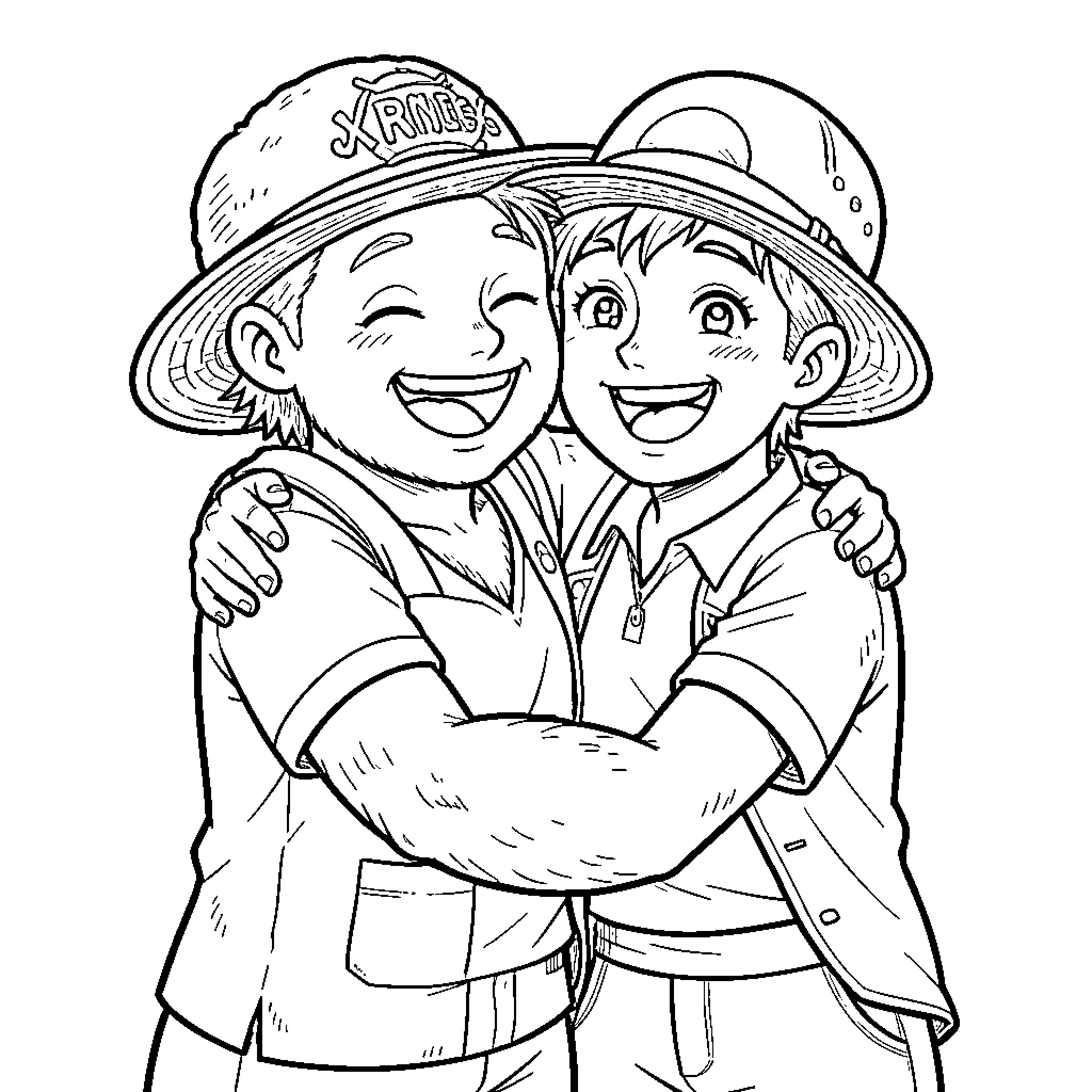 Kuma hugging a friend and laughing joyfully Coloring Page (free black-and-white line drawing printable PDF for all, from beginners to advanced learners, including children, teens, adults, and seniors)