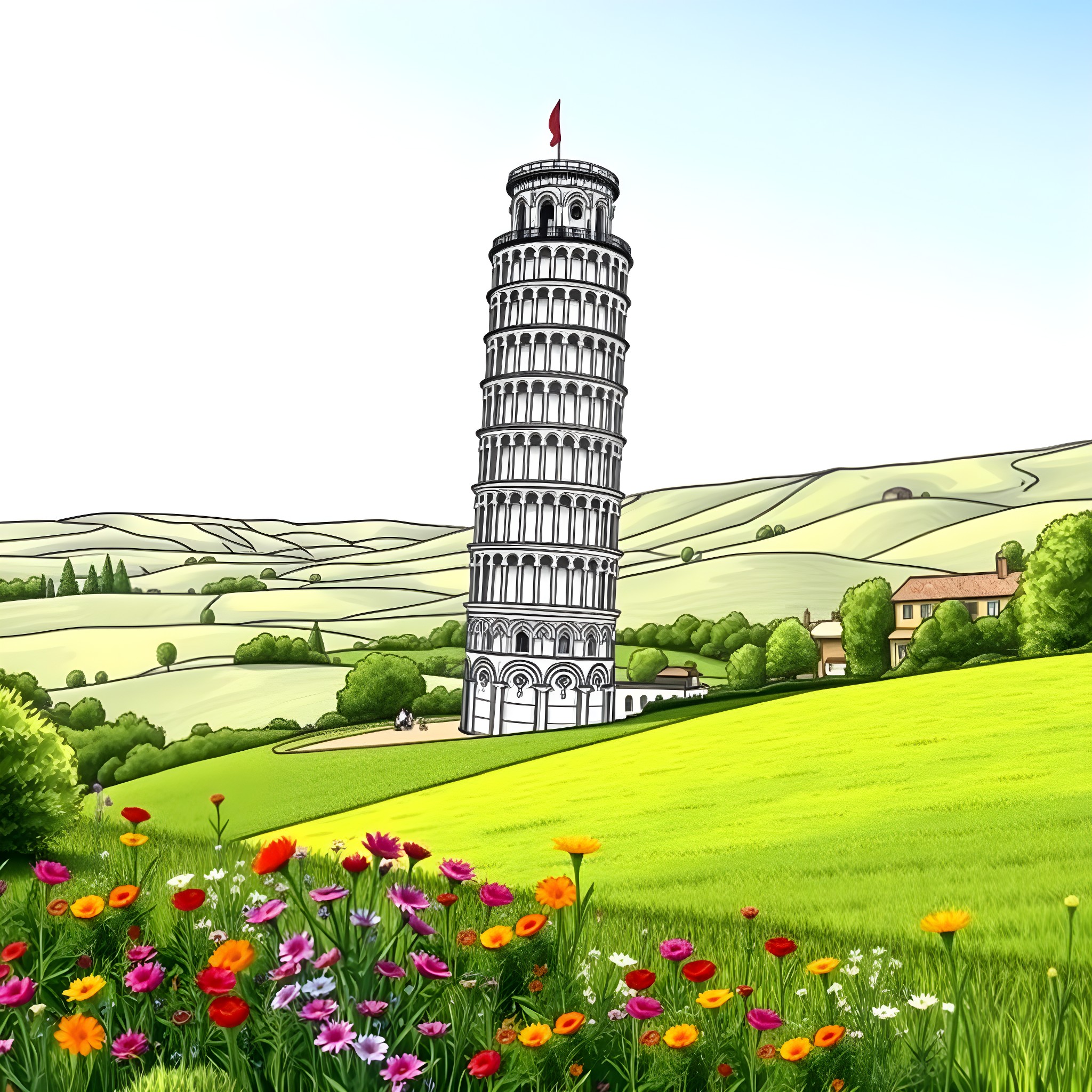 Tower of Pisa standing tall in scenic countryside Coloring Page (free black-and-white line drawing printable PDF for all, from beginners to advanced learners, including children, teens, adults, and seniors)
