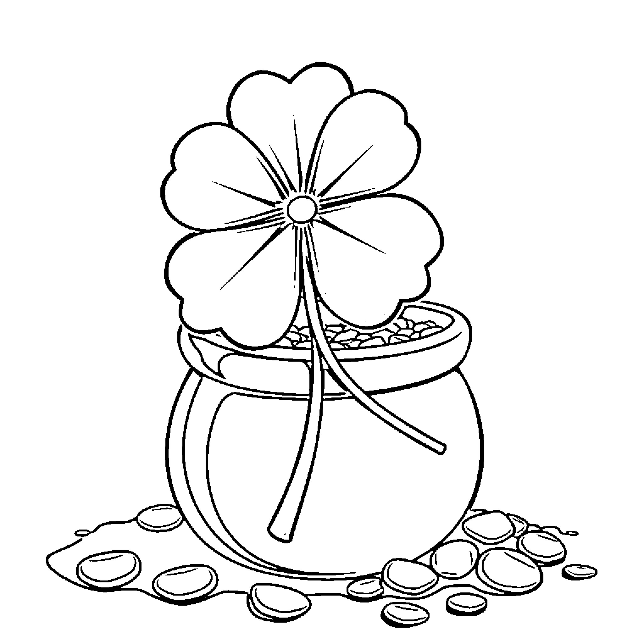 Shamrock flower in a pot with coins Coloring Page (free black-and-white line drawing printable PDF for all, from beginners to advanced learners, including children, teens, adults, and seniors)
