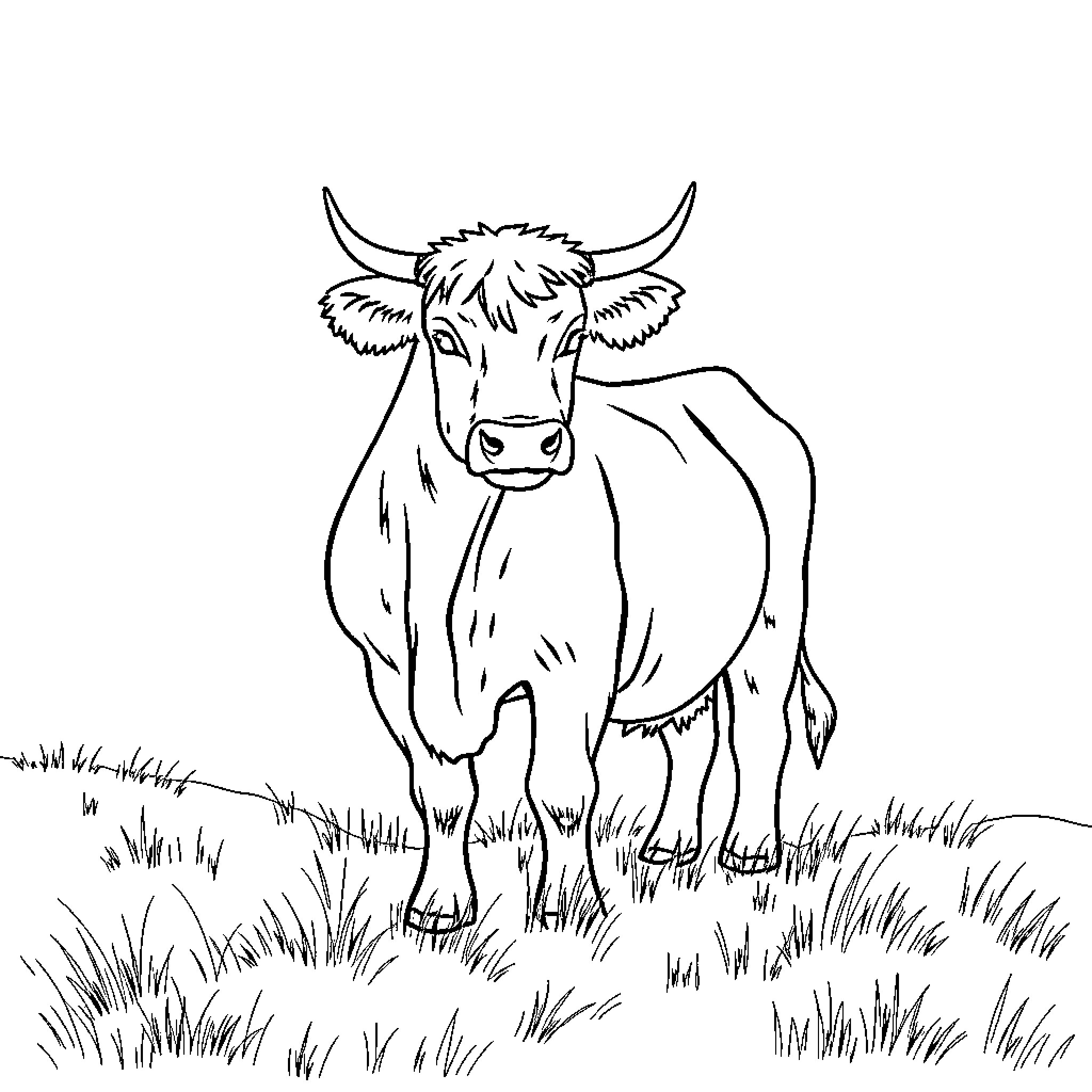 Highland Cow standing in a grassy field Coloring Page (free black-and-white line drawing printable PDF for all, from beginners to advanced learners, including children, teens, adults, and seniors)