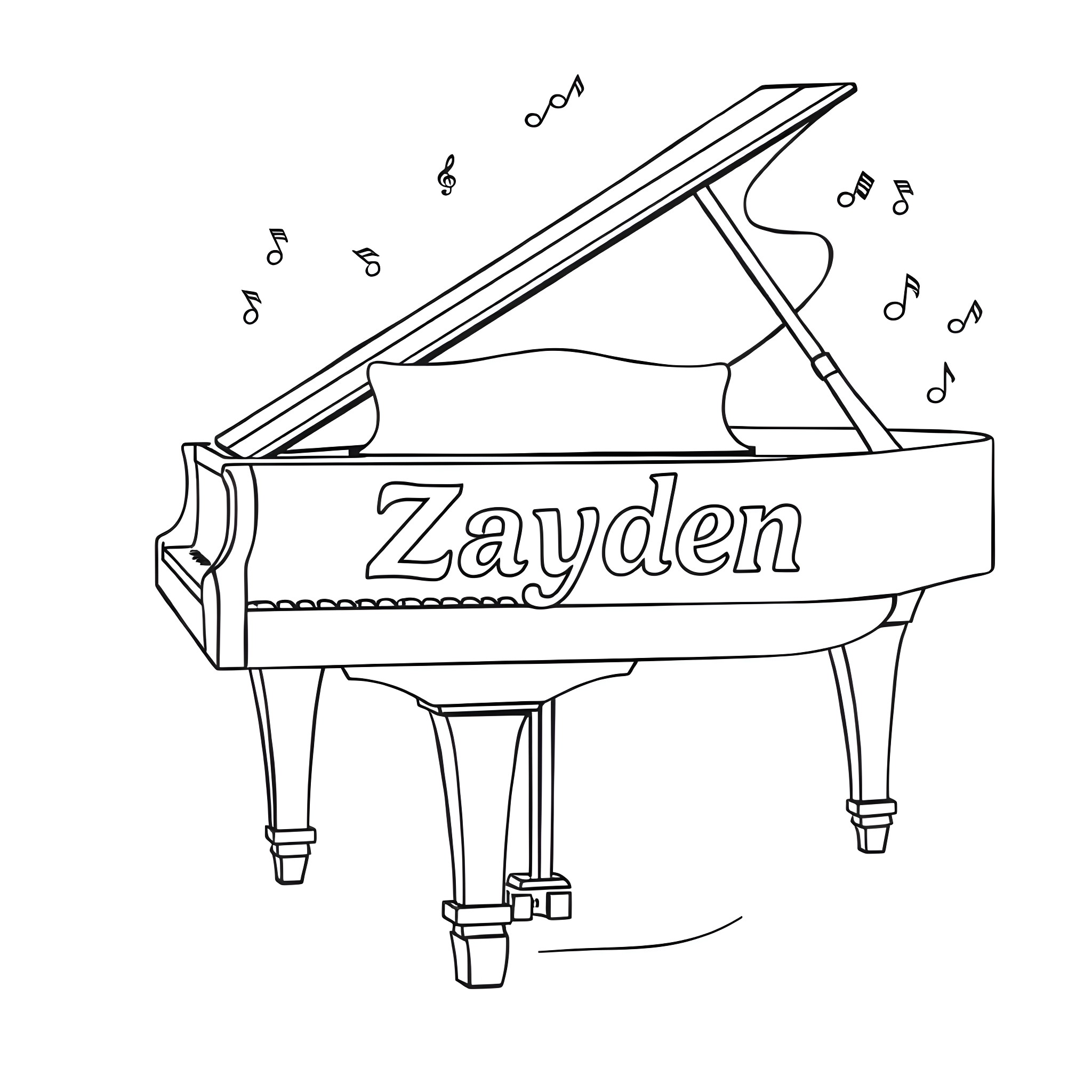 Piano with Zayden text and musical notes Coloring Page (free black-and-white line drawing printable PDF for all, from beginners to advanced learners, including children, teens, adults, and seniors)