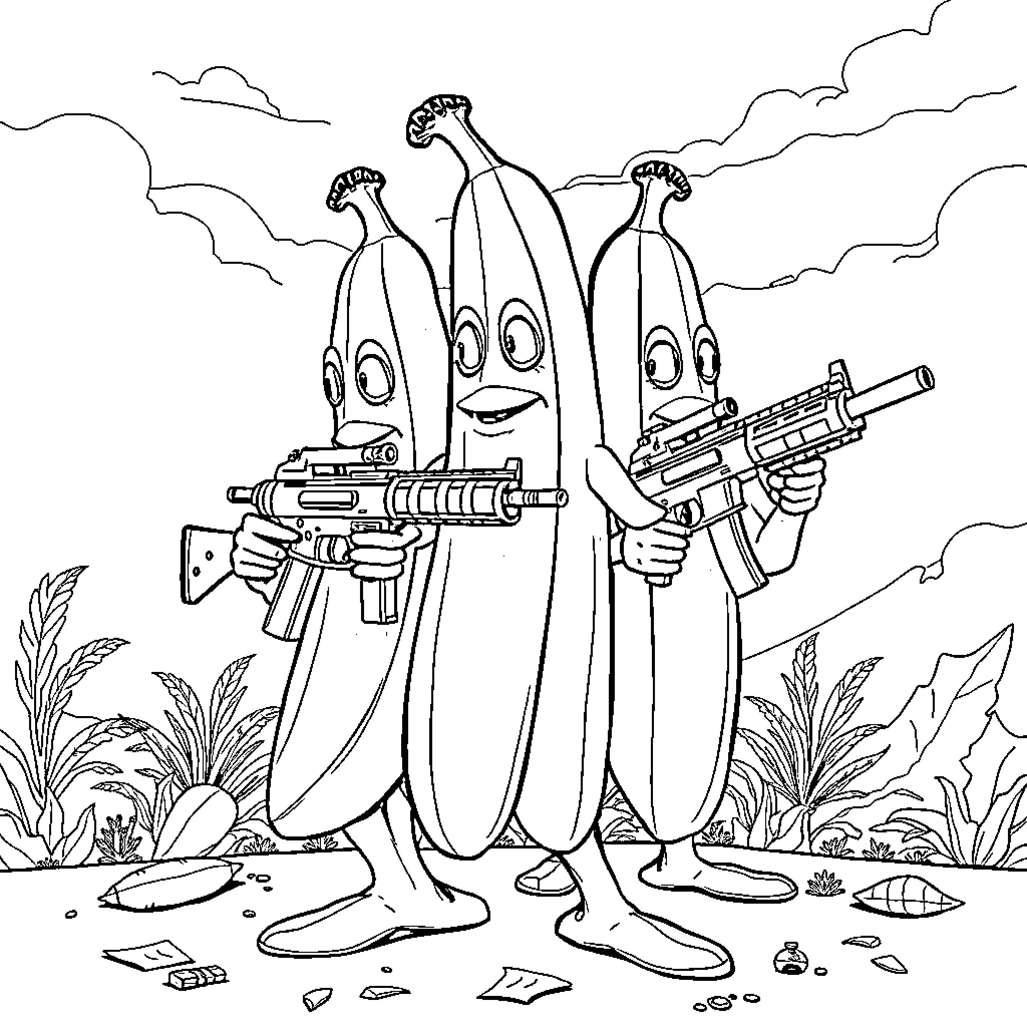 Banana soldiers on the battlefield Coloring Page (free black-and-white line drawing printable PDF for all, from beginners to advanced learners, including children, teens, adults, and seniors)