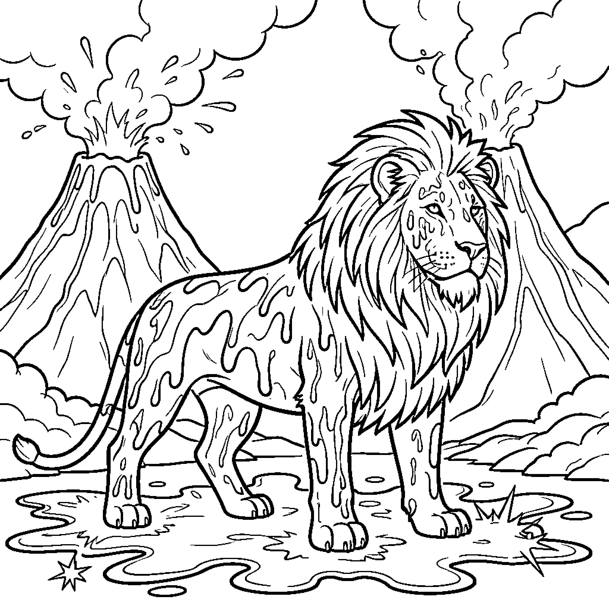 Lion standing majestically in front of erupting volcanoes Coloring Page (free black-and-white line drawing printable PDF for all, from beginners to advanced learners, including children, teens, adults, and seniors)
