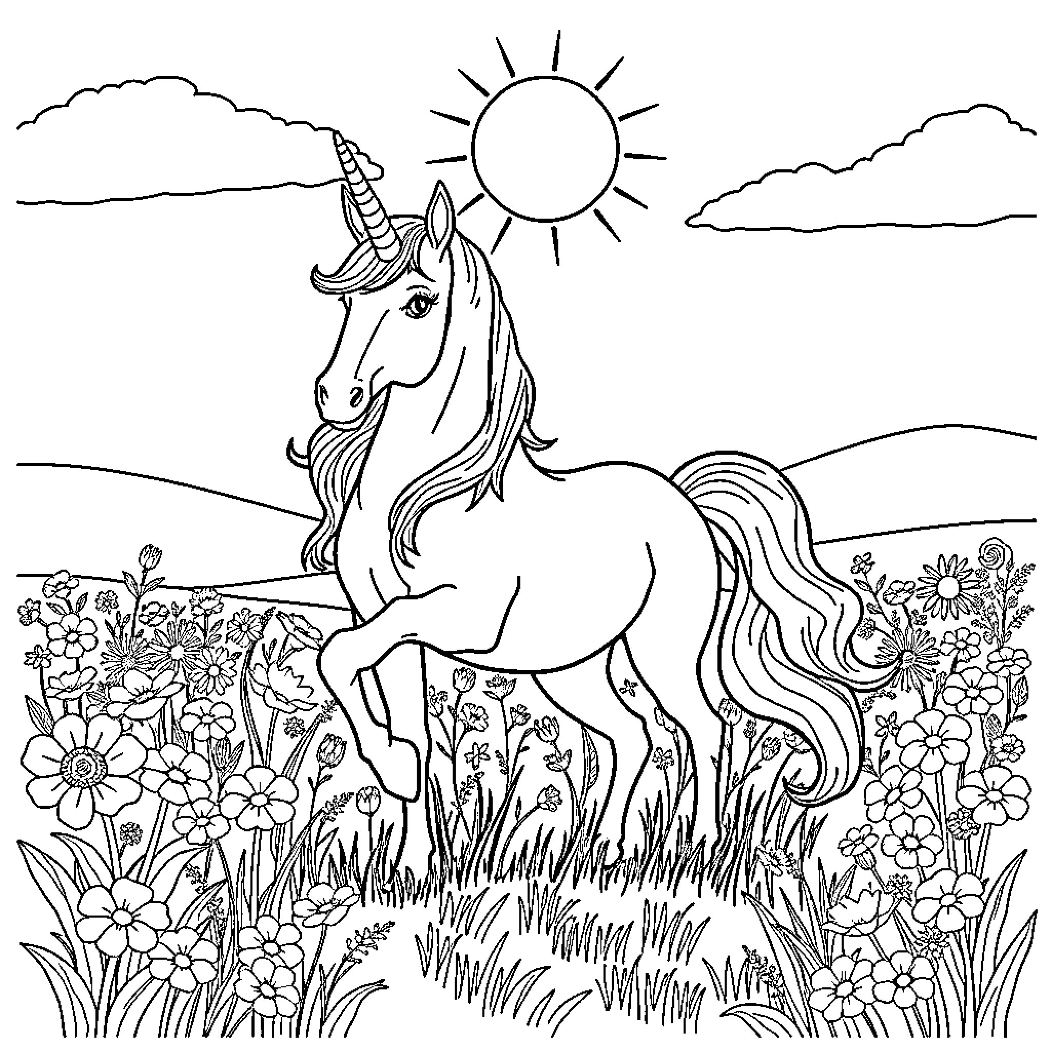 Unicorn standing proudly in a floral meadow Coloring Page (free black-and-white line drawing printable PDF for all, from beginners to advanced learners, including children, teens, adults, and seniors)