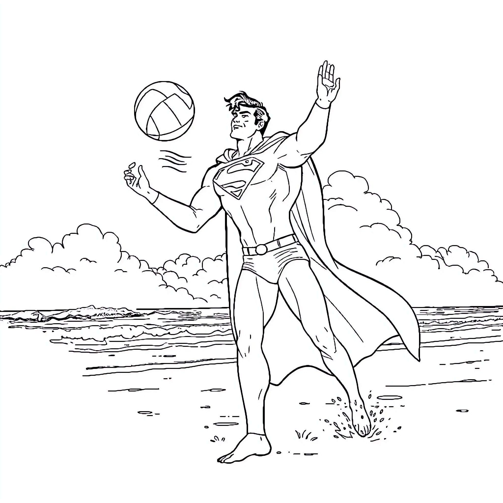Superman playing in the clouds with a volleyball Coloring Page (free black-and-white line drawing printable PDF for all, from beginners to advanced learners, including children, teens, adults, and seniors)