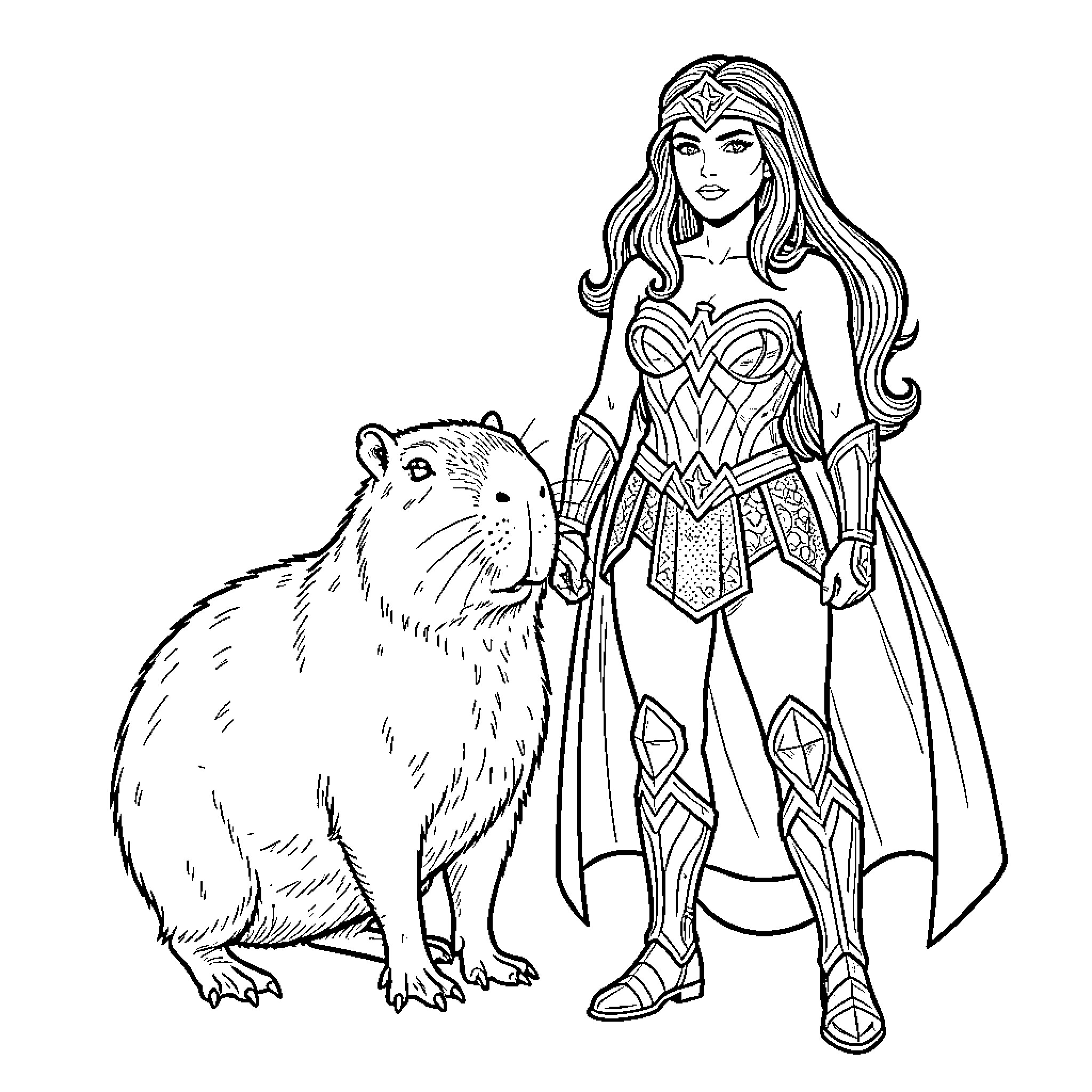 Capybara and Heroic Warrior Princess Coloring Page (free black-and-white line drawing printable PDF for all, from beginners to advanced learners, including children, teens, adults, and seniors)