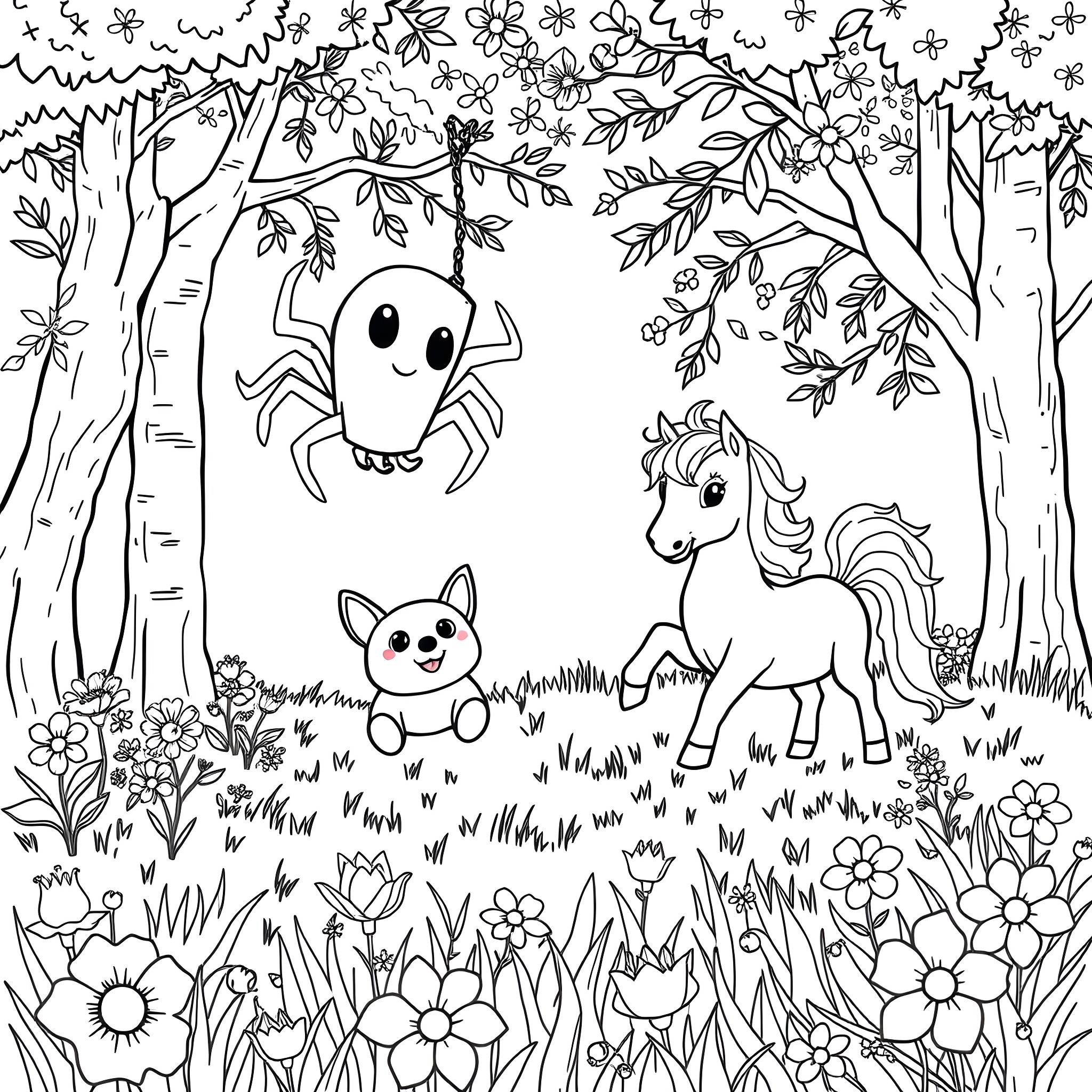 Ghost Spider exploring the enchanted forest Coloring Page (free black-and-white line drawing printable PDF for all, from beginners to advanced learners, including children, teens, adults, and seniors)