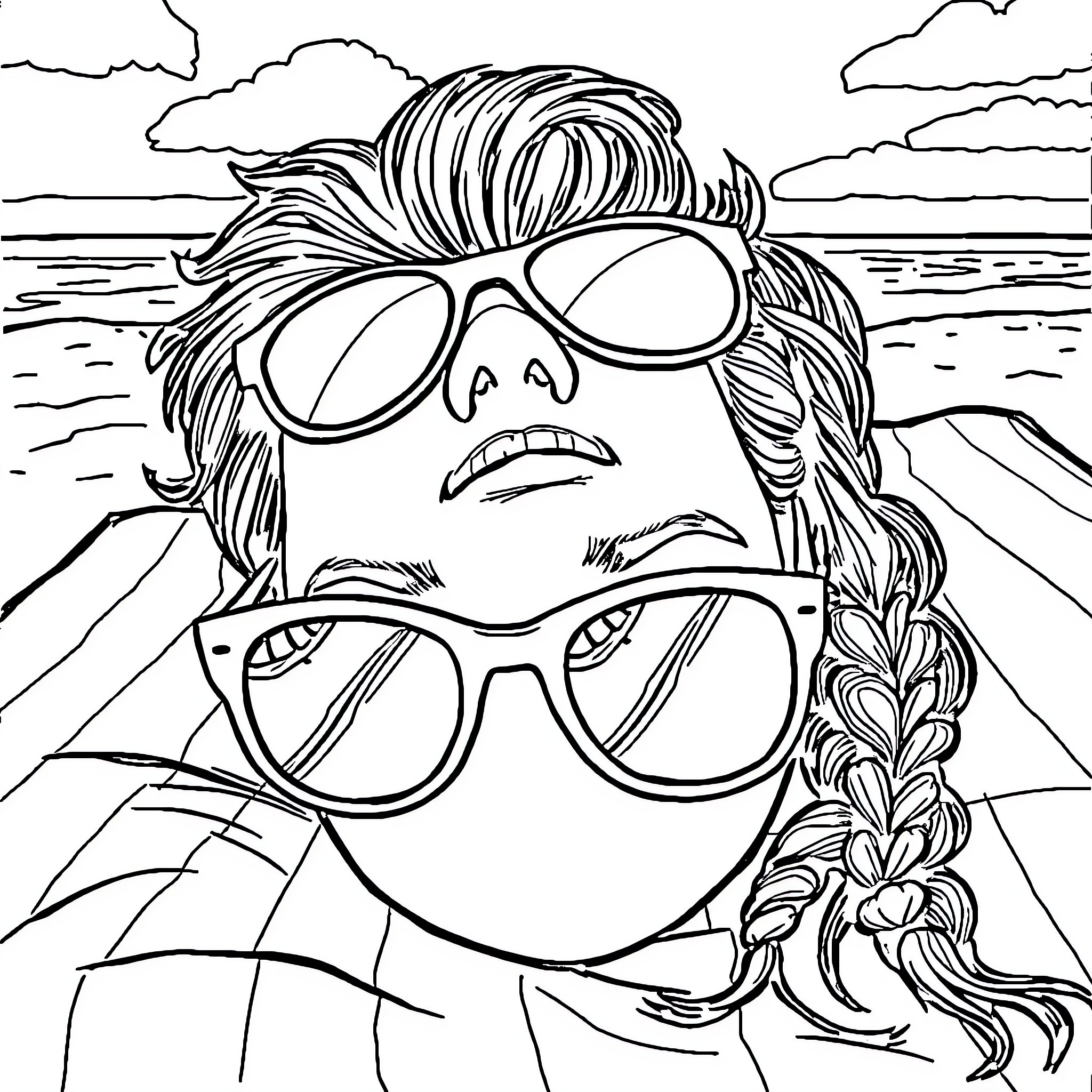 Sunglasses beach vacation with relaxed expression Coloring Page (free black-and-white line drawing printable PDF for all, from beginners to advanced learners, including children, teens, adults, and seniors)
