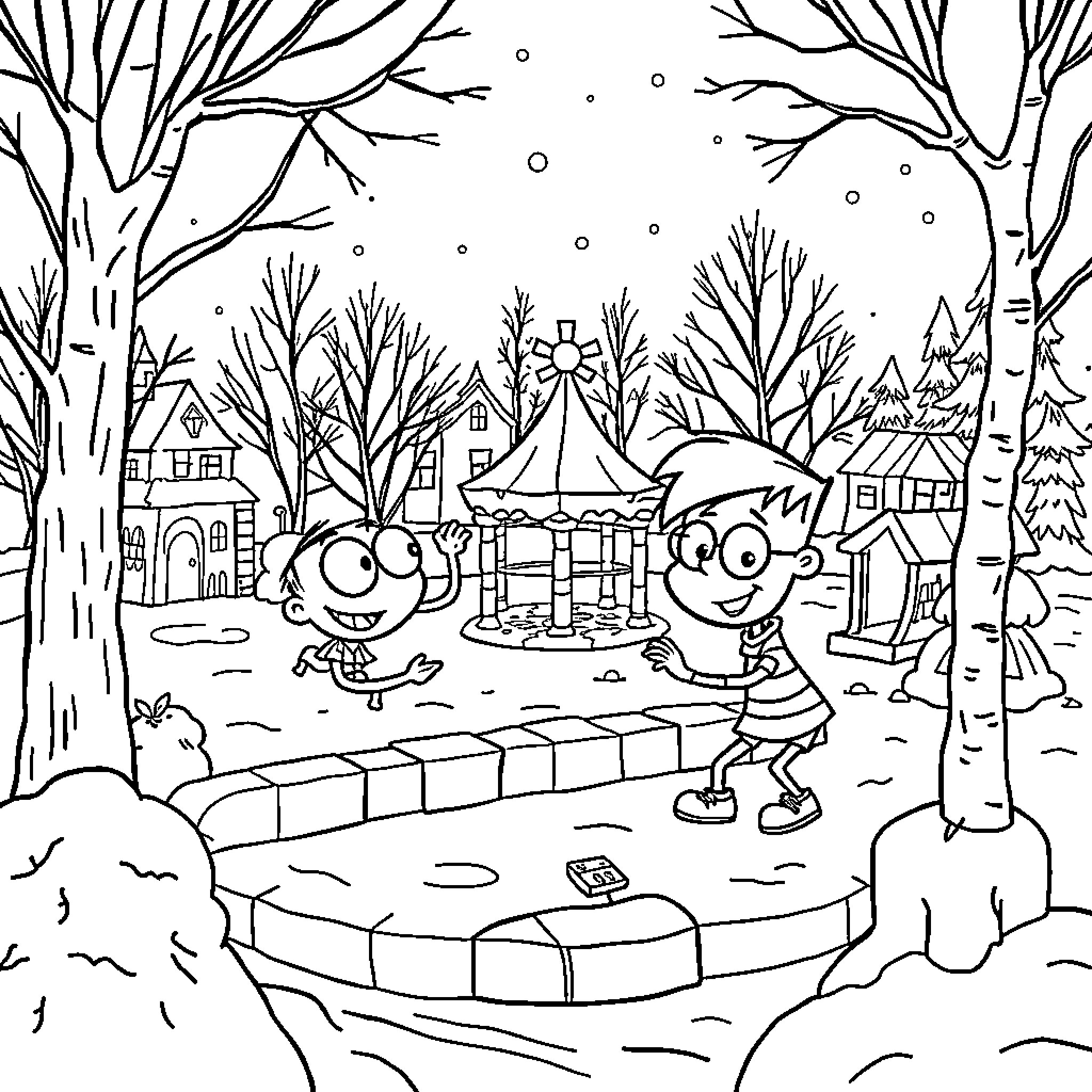 Phineas and Ferb enjoying a snowy winter day Coloring Page (free black-and-white line drawing printable PDF for all, from beginners to advanced learners, including children, teens, adults, and seniors)