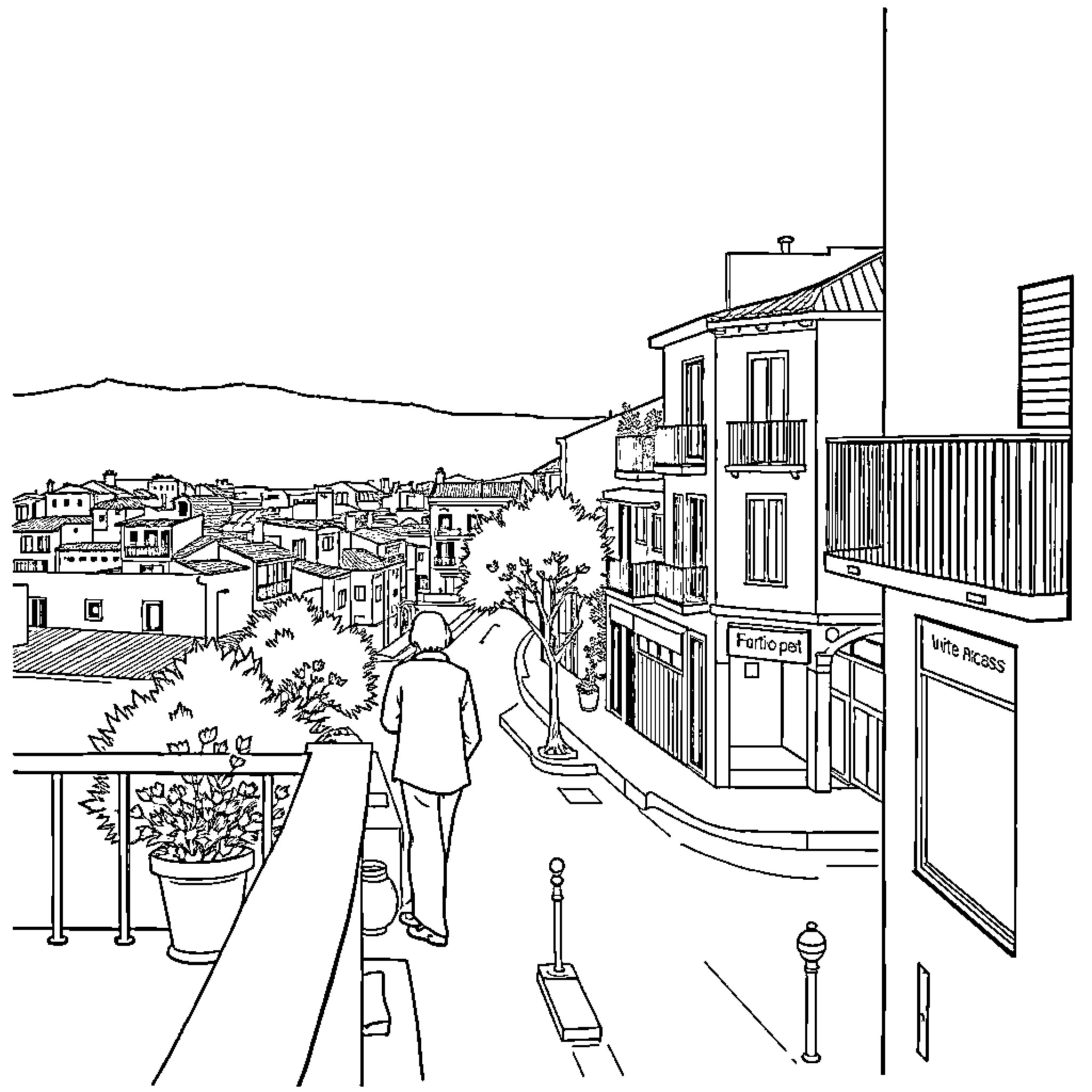 Balcony view of a quaint town street Coloring Page (free black-and-white line drawing printable PDF for all, from beginners to advanced learners, including children, teens, adults, and seniors)