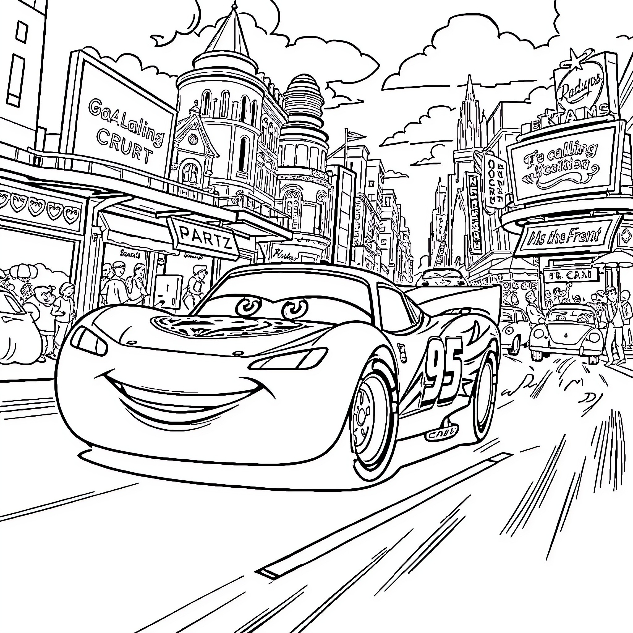 Flash McQueen racing through the city streets Coloring Page (free black-and-white line drawing printable PDF for all, from beginners to advanced learners, including children, teens, adults, and seniors)