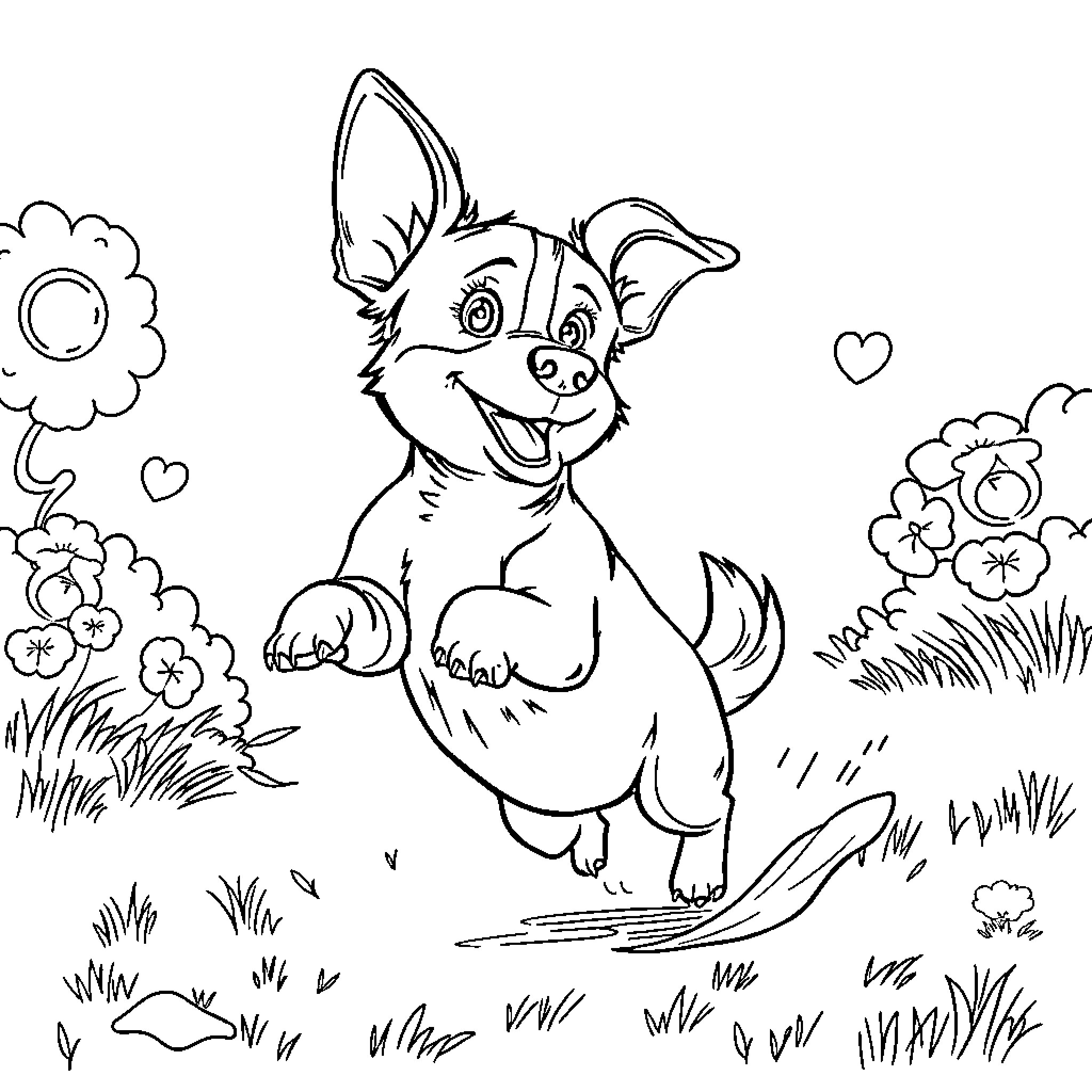 Dachshund joyfully frolicking in a floral field Coloring Page (free black-and-white line drawing printable PDF for all, from beginners to advanced learners, including children, teens, adults, and seniors)