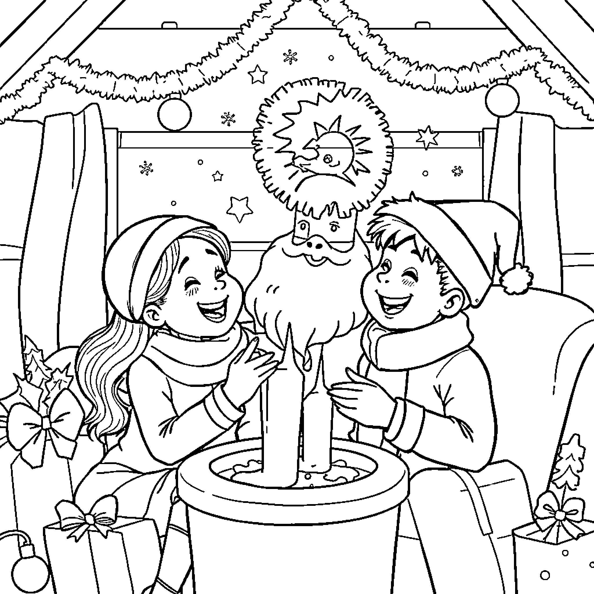 Christmas Vacation with Family and Festive Decorations Coloring Page (free black-and-white line drawing printable PDF for all, from beginners to advanced learners, including children, teens, adults, and seniors)