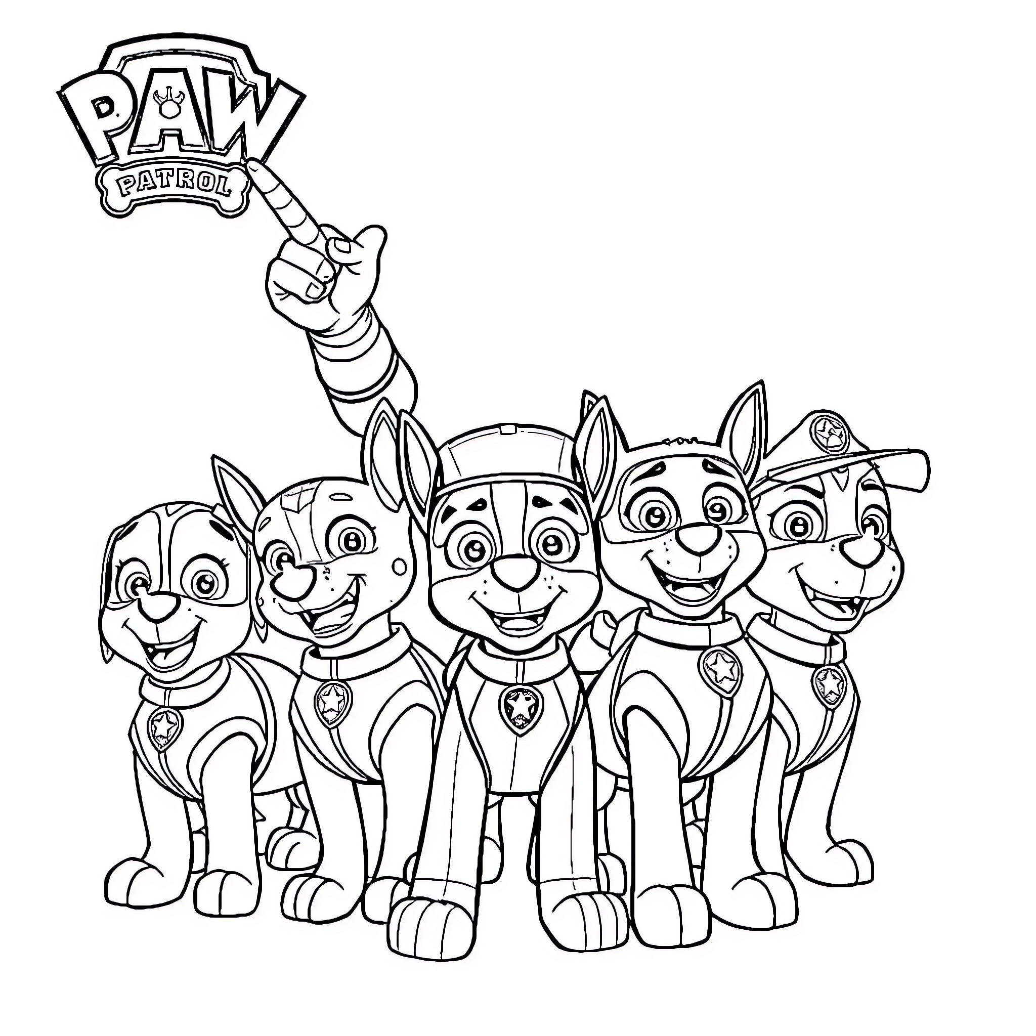 Paw Patrol and Spiderman characters posing together Coloring Page (free black-and-white line drawing printable PDF for all, from beginners to advanced learners, including children, teens, adults, and seniors)