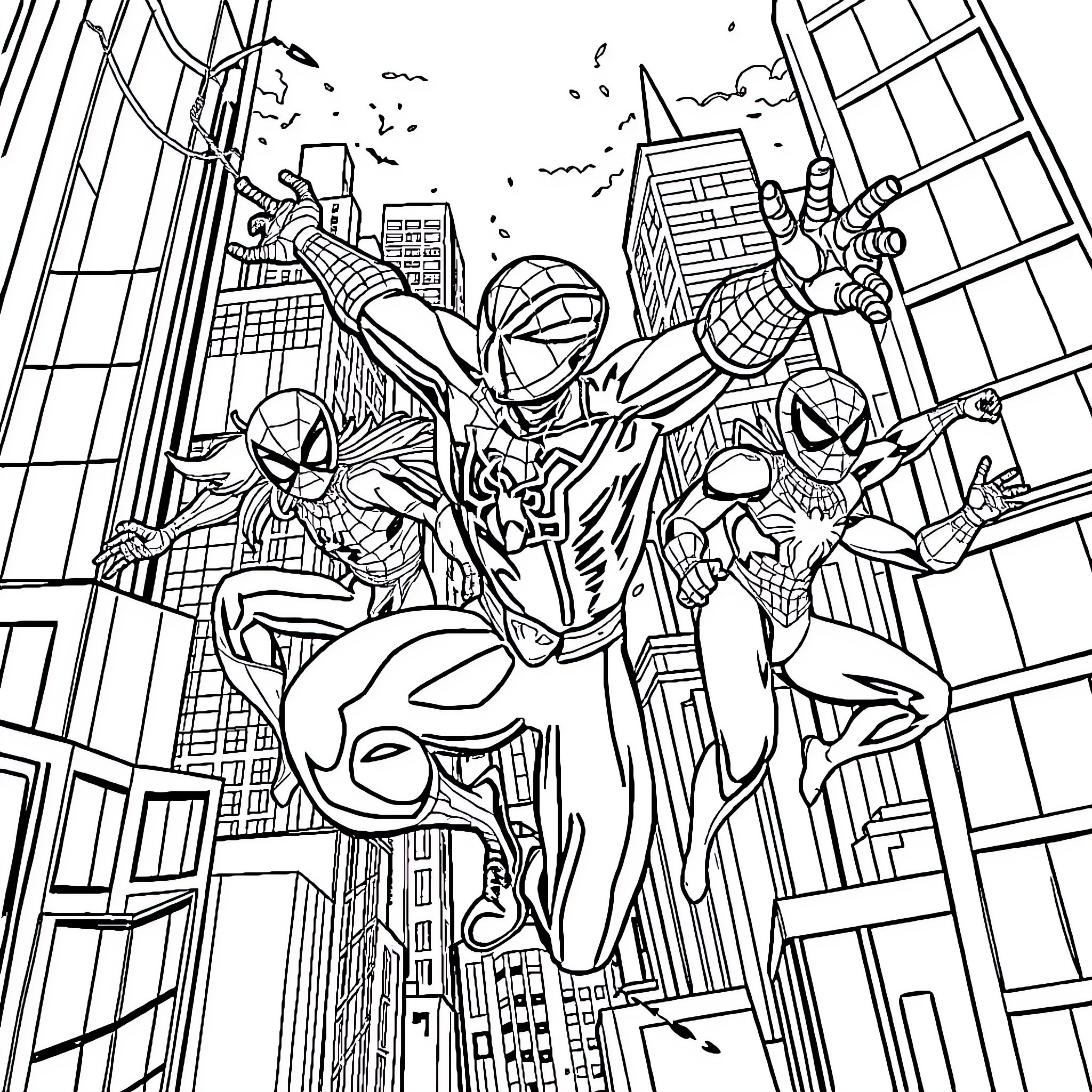 Spidey superheroes in action-packed city scene Coloring Page (free black-and-white line drawing printable PDF for all, from beginners to advanced learners, including children, teens, adults, and seniors)