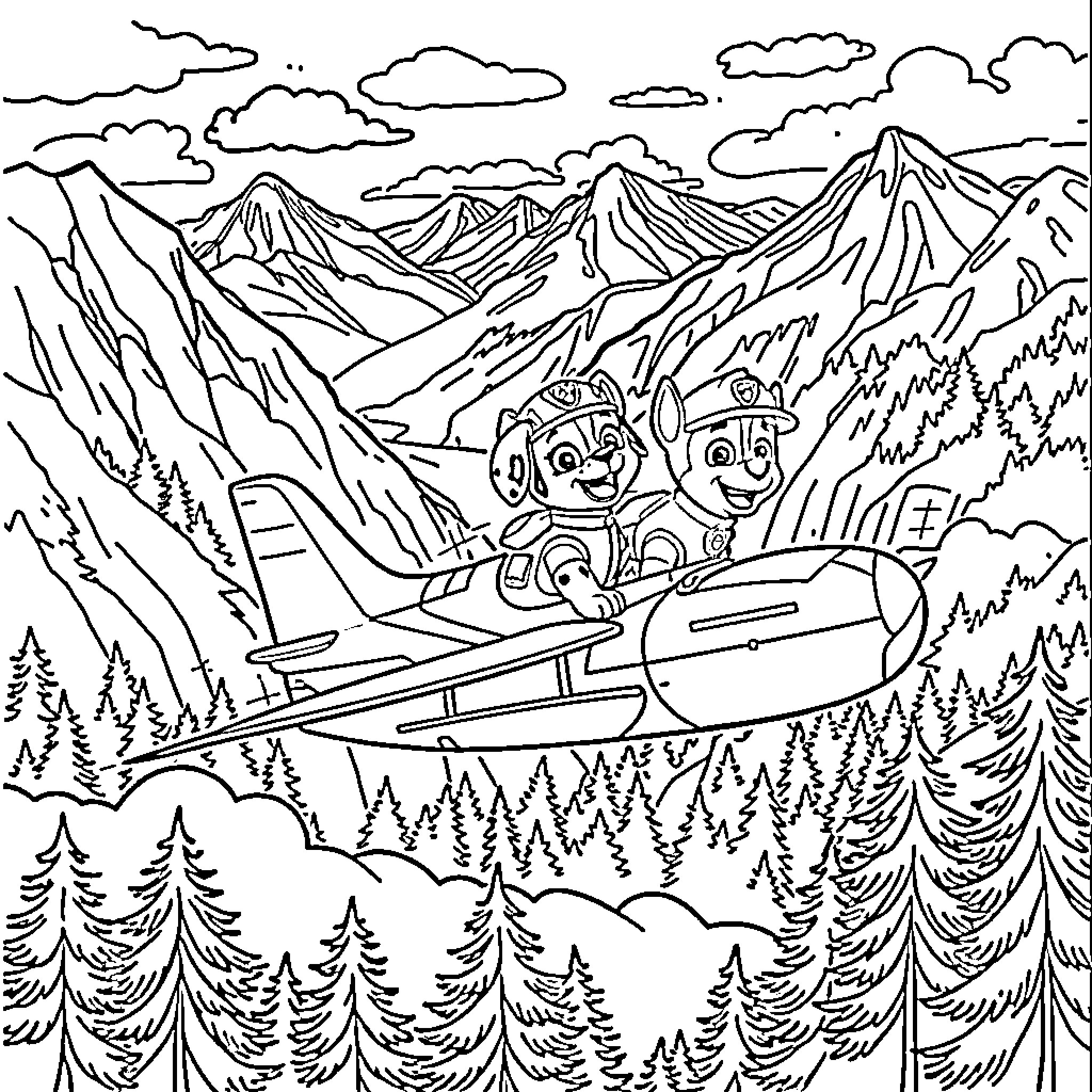 Paw Patrol characters on an adventure in the mountains Coloring Page (free black-and-white line drawing printable PDF for all, from beginners to advanced learners, including children, teens, adults, and seniors)