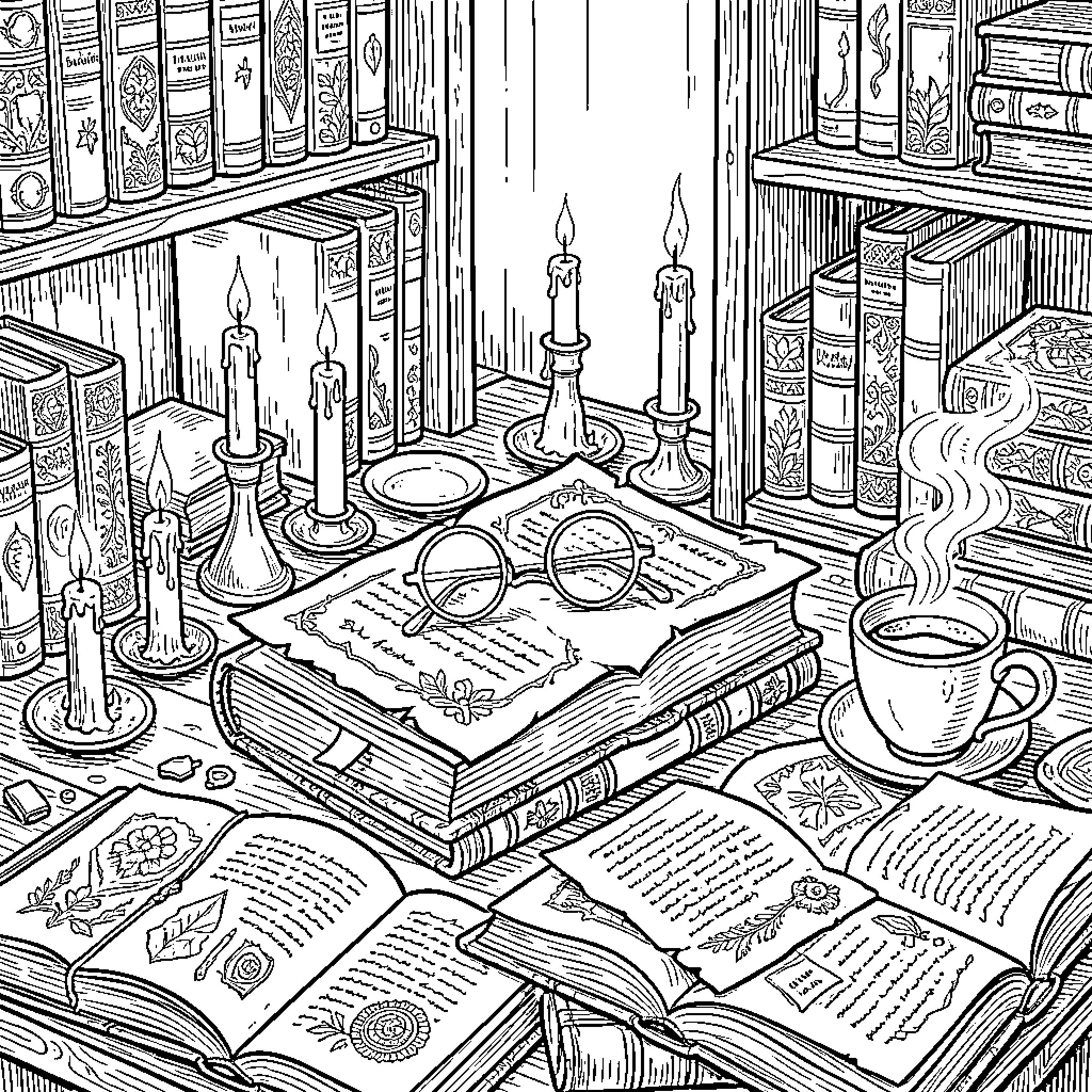 Desk of Mystical Study and Contemplation Coloring Page (free black-and-white line drawing printable PDF for all, from beginners to advanced learners, including children, teens, adults, and seniors)