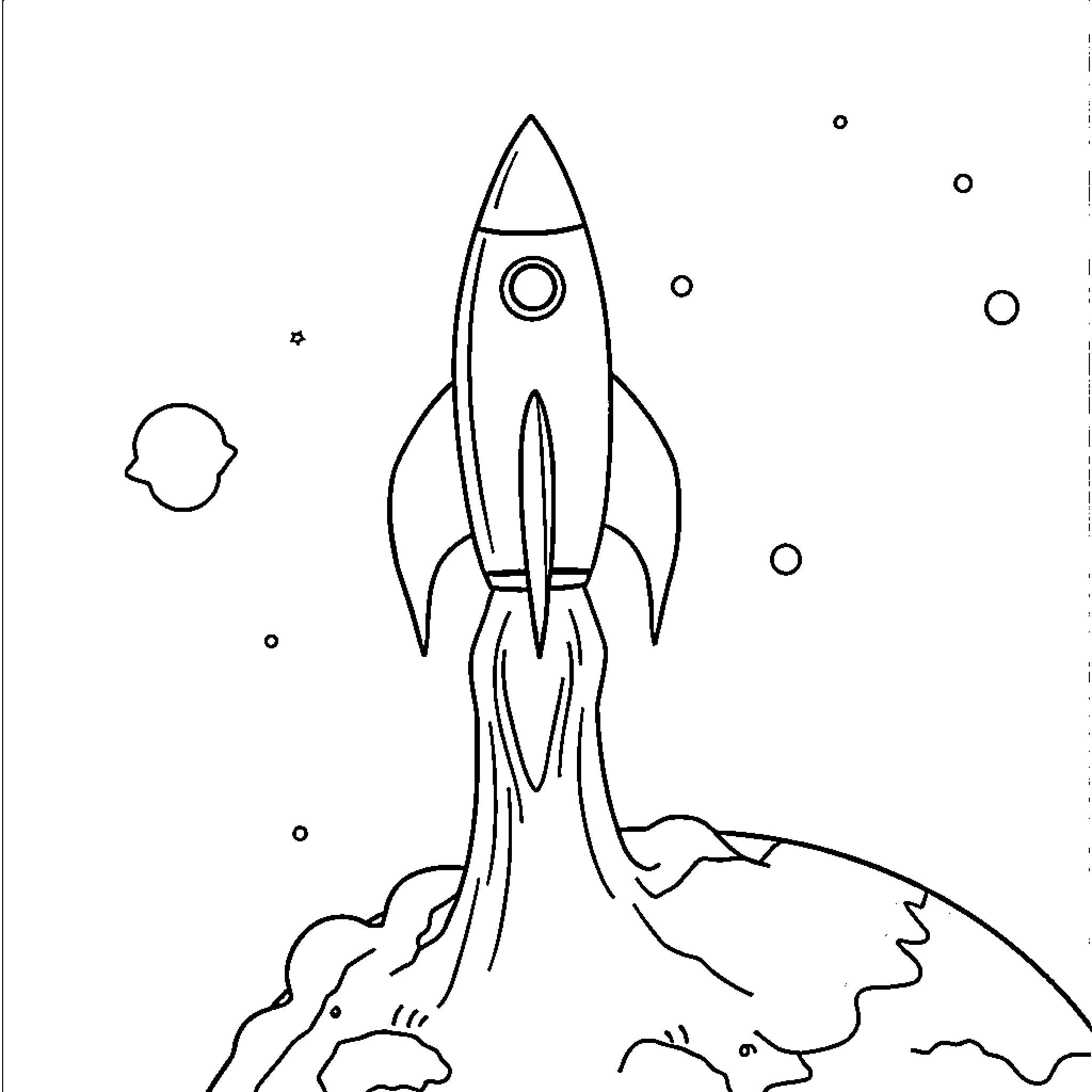 Rocket blasting off into the cosmos Coloring Page (free black-and-white line drawing printable PDF for all, from beginners to advanced learners, including children, teens, adults, and seniors)