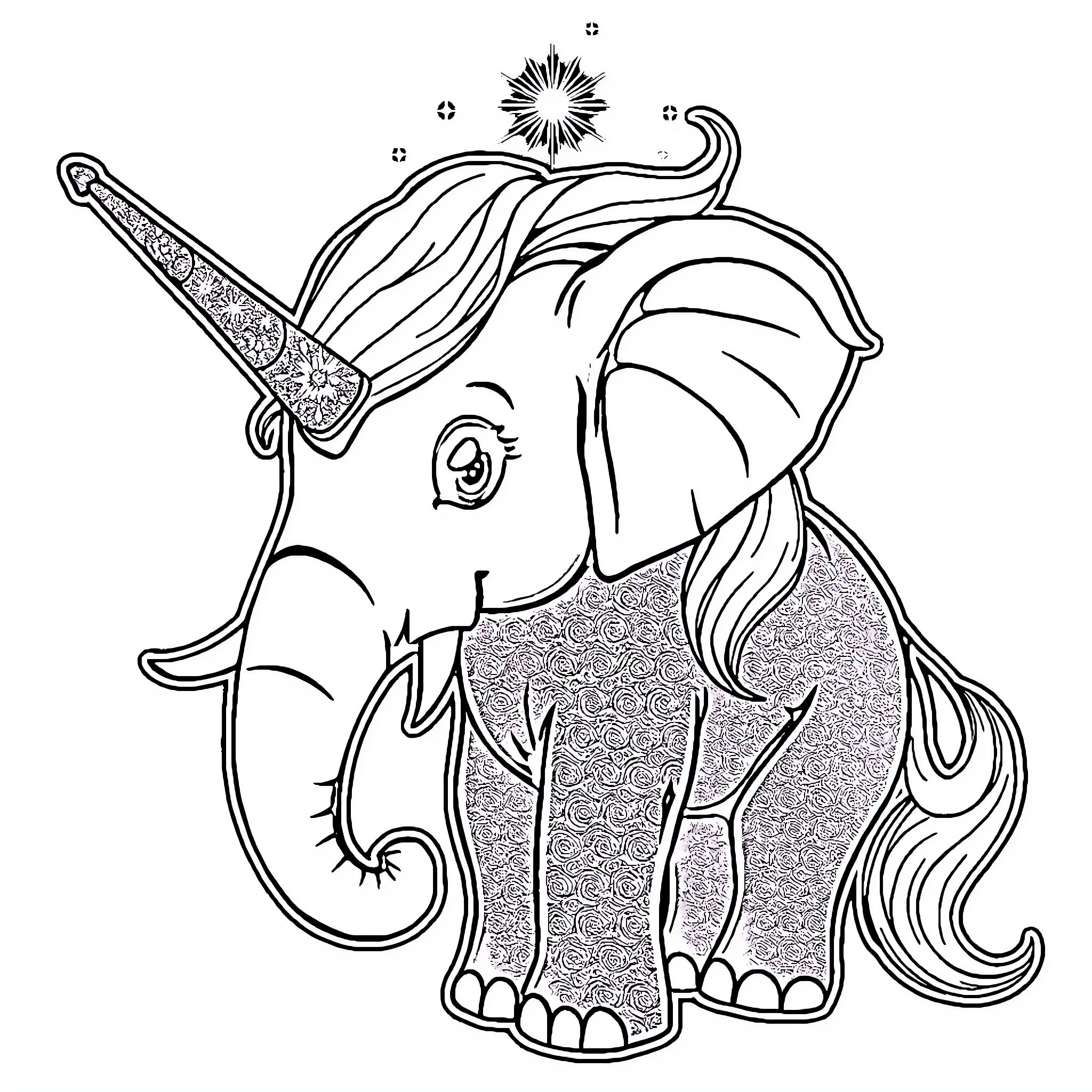 Unicorn Elephant in Ornate Dress with Sword Coloring Page (free black-and-white line drawing printable PDF for all, from beginners to advanced learners, including children, teens, adults, and seniors)