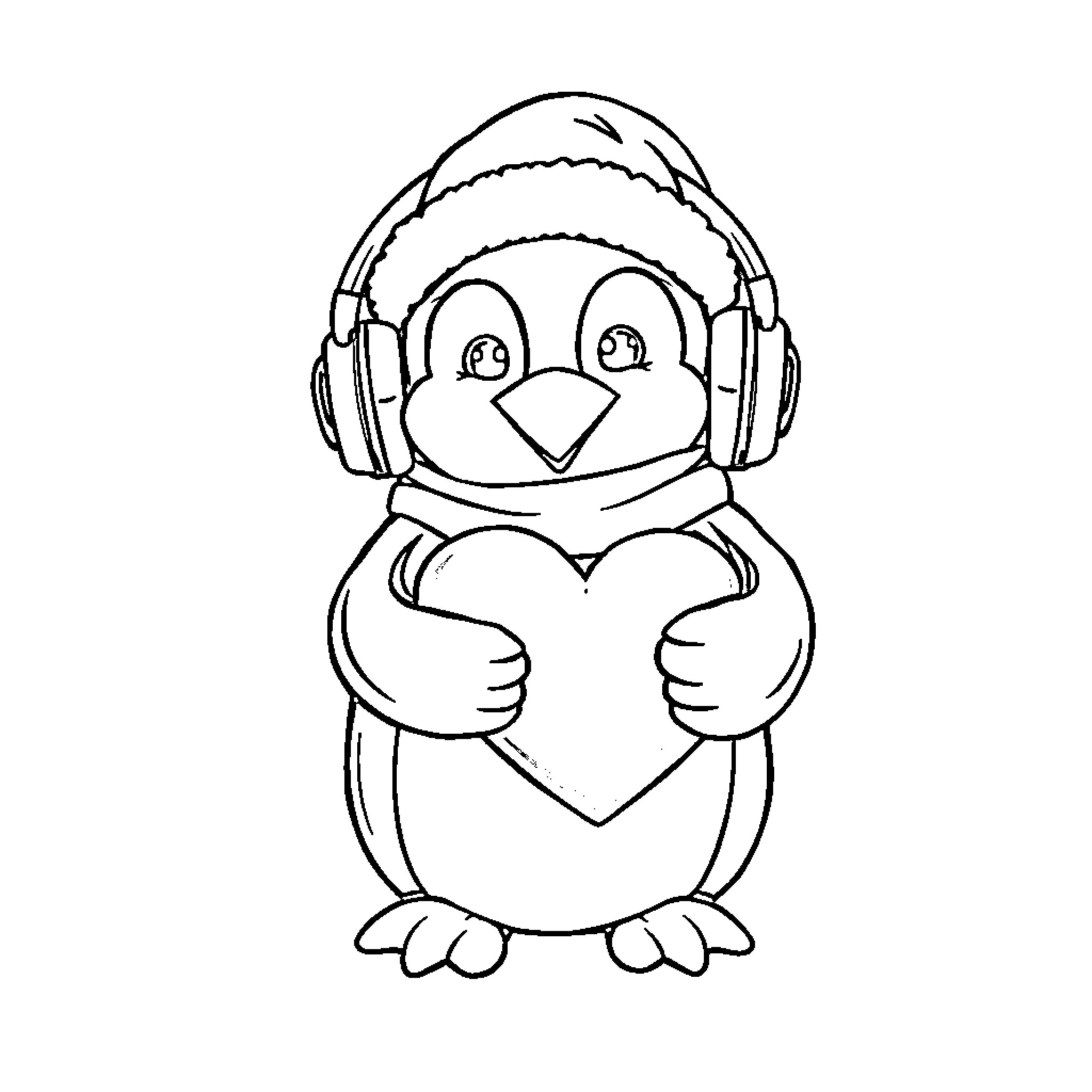 Penguin listening to music and holding a heart Coloring Page (free black-and-white line drawing printable PDF for all, from beginners to advanced learners, including children, teens, adults, and seniors)