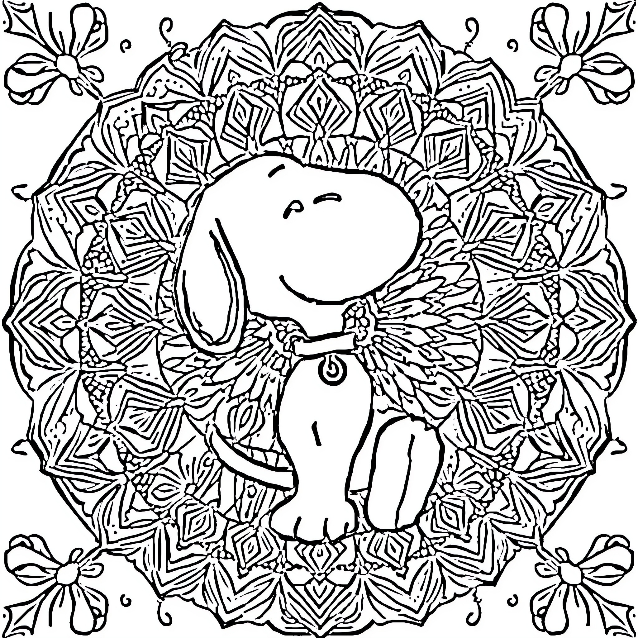 Snoopy enjoying a floral mandala scene Coloring Page (free black-and-white line drawing printable PDF for all, from beginners to advanced learners, including children, teens, adults, and seniors)