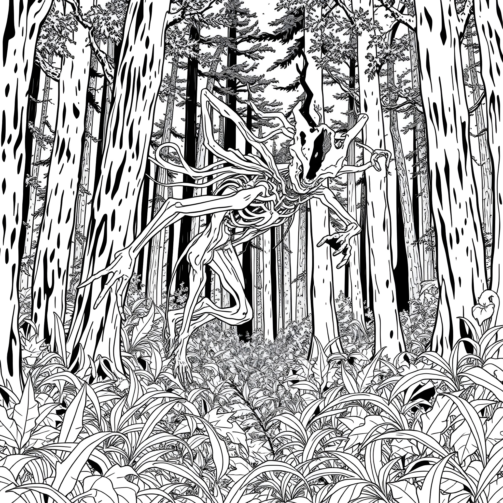 Wendigo Creature Lurking in Eerie Forest Coloring Page (free black-and-white line drawing printable PDF for all, from beginners to advanced learners, including children, teens, adults, and seniors)