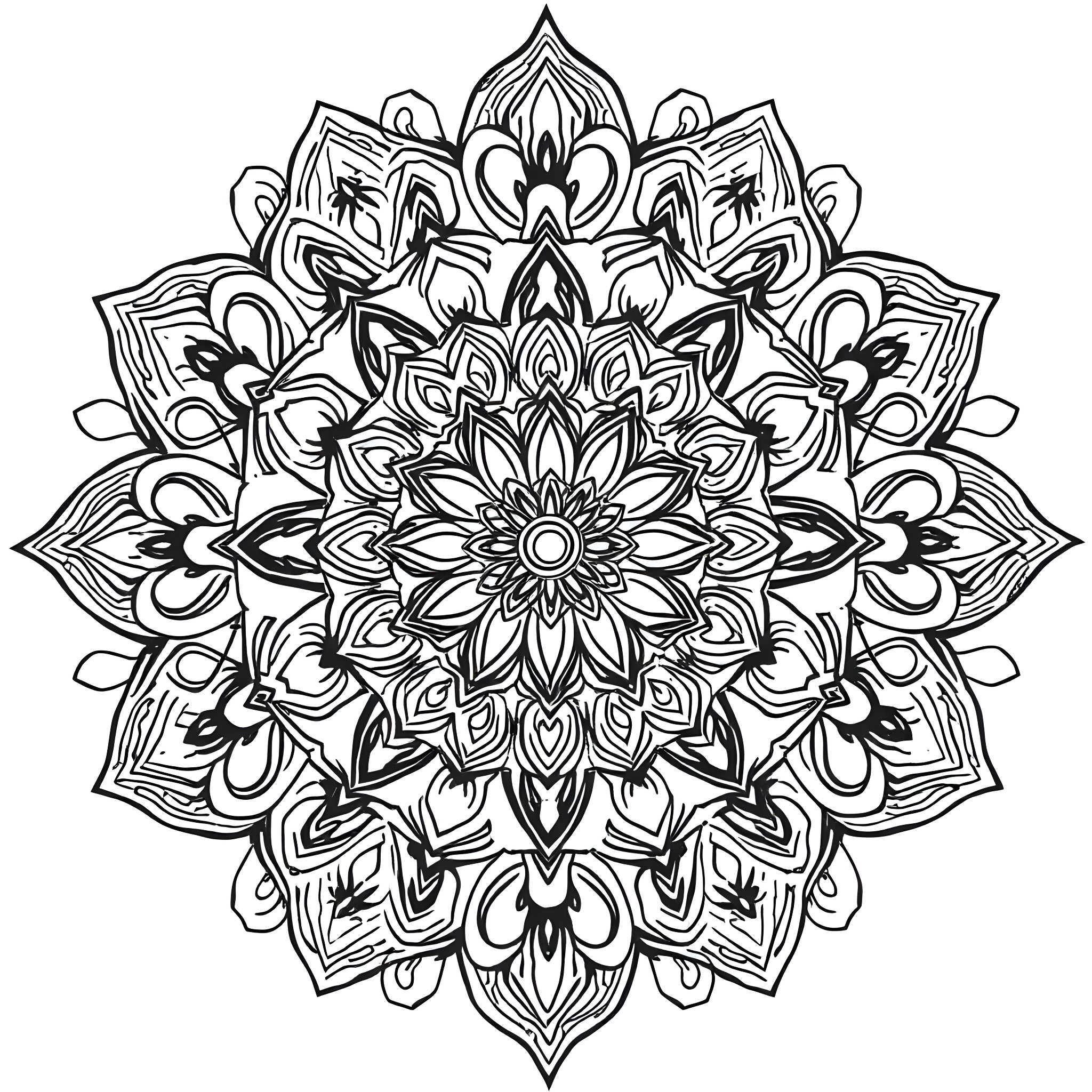 Mandalas of intricate floral patterns Coloring Page (free black-and-white line drawing printable PDF for all, from beginners to advanced learners, including children, teens, adults, and seniors)