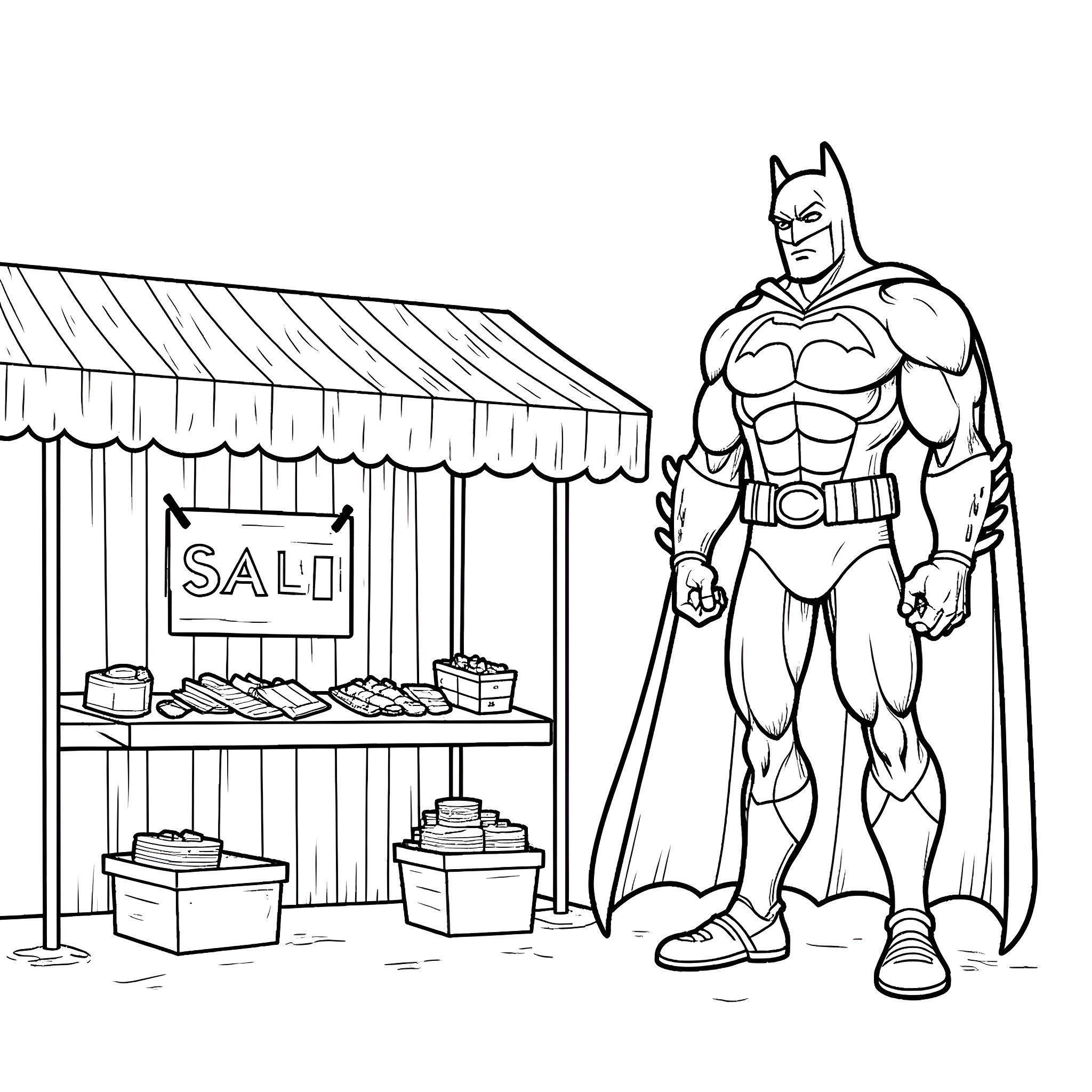 Batman surveying the sale items at a local market Coloring Page (free black-and-white line drawing printable PDF for all, from beginners to advanced learners, including children, teens, adults, and seniors)