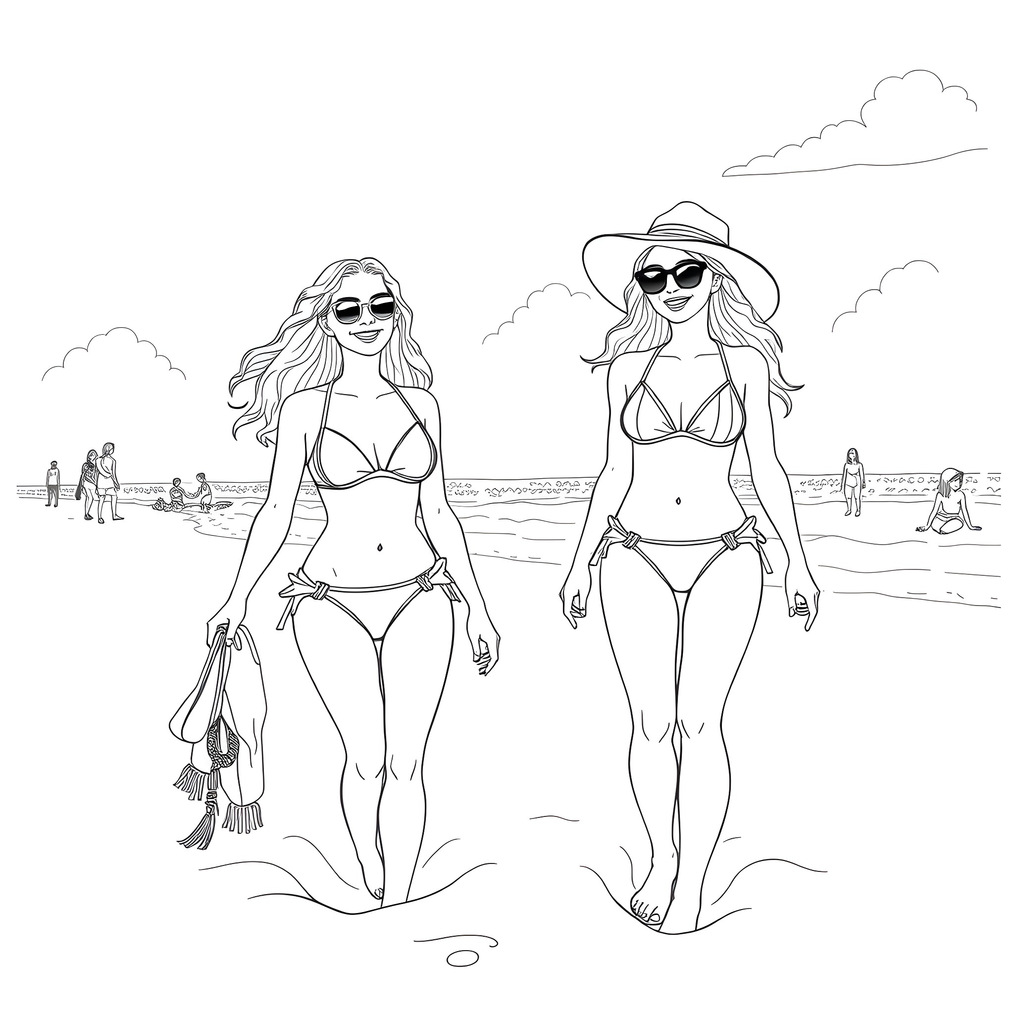 Girls strolling on the beach in swimsuits Coloring Page (free black-and-white line drawing printable PDF for all, from beginners to advanced learners, including children, teens, adults, and seniors)