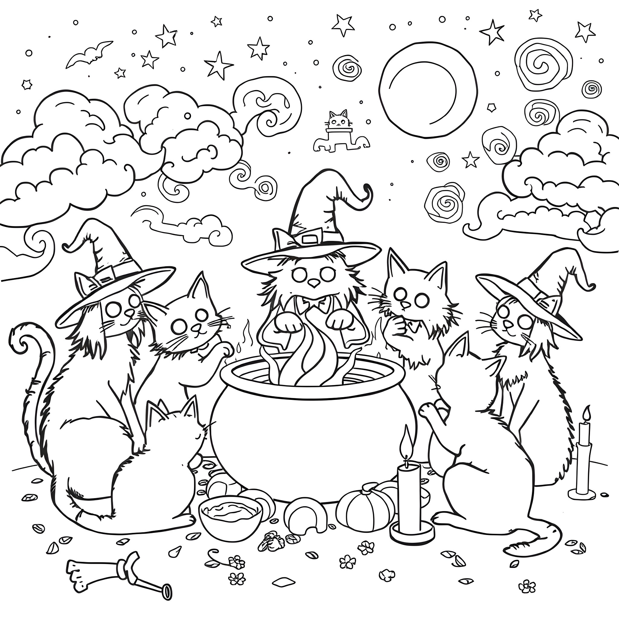 Cats celebrating Halloween with witches and magic Coloring Page (free black-and-white line drawing printable PDF for all, from beginners to advanced learners, including children, teens, adults, and seniors)