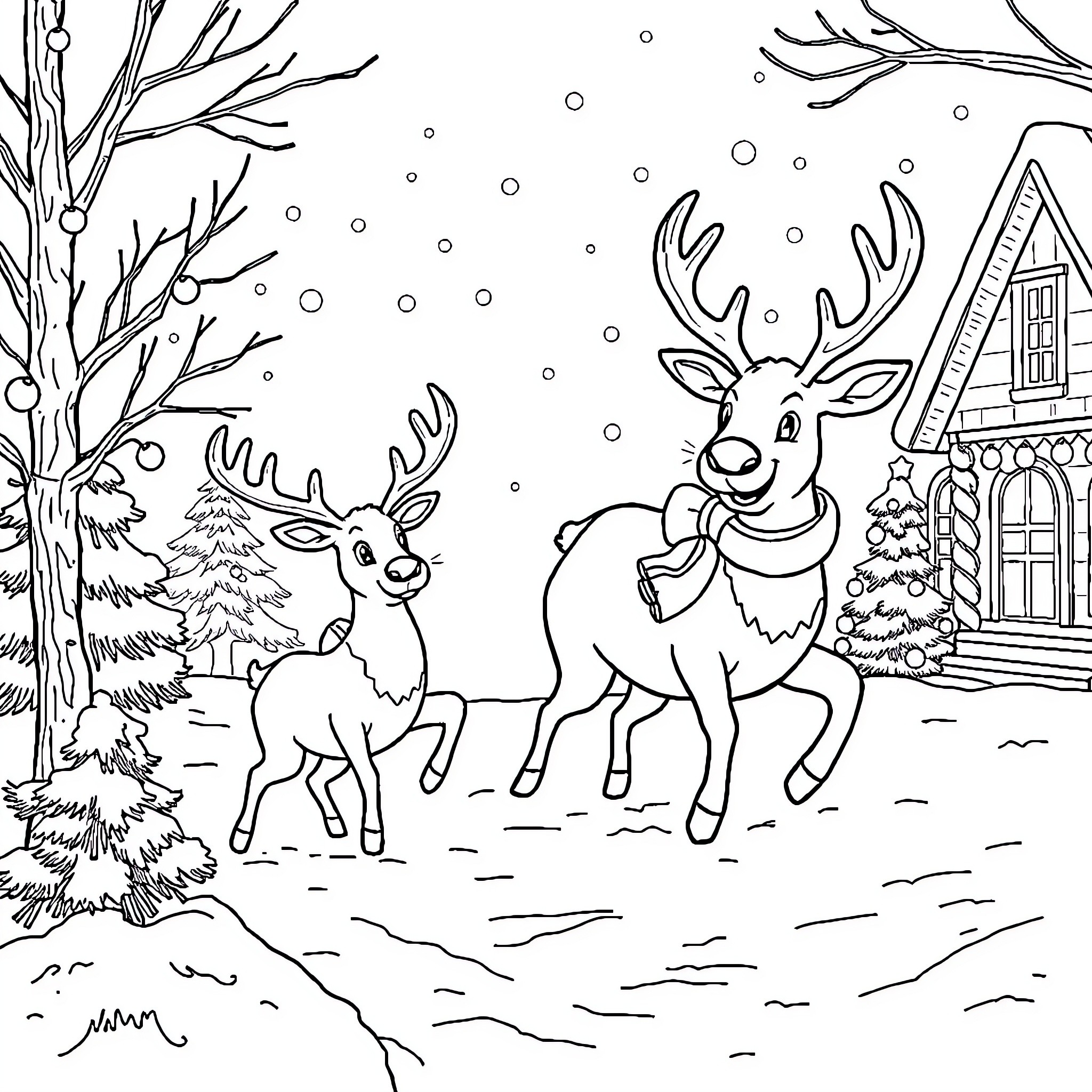 Reindeer playing in the snowy winter scene Coloring Page (free black-and-white line drawing printable PDF for all, from beginners to advanced learners, including children, teens, adults, and seniors)