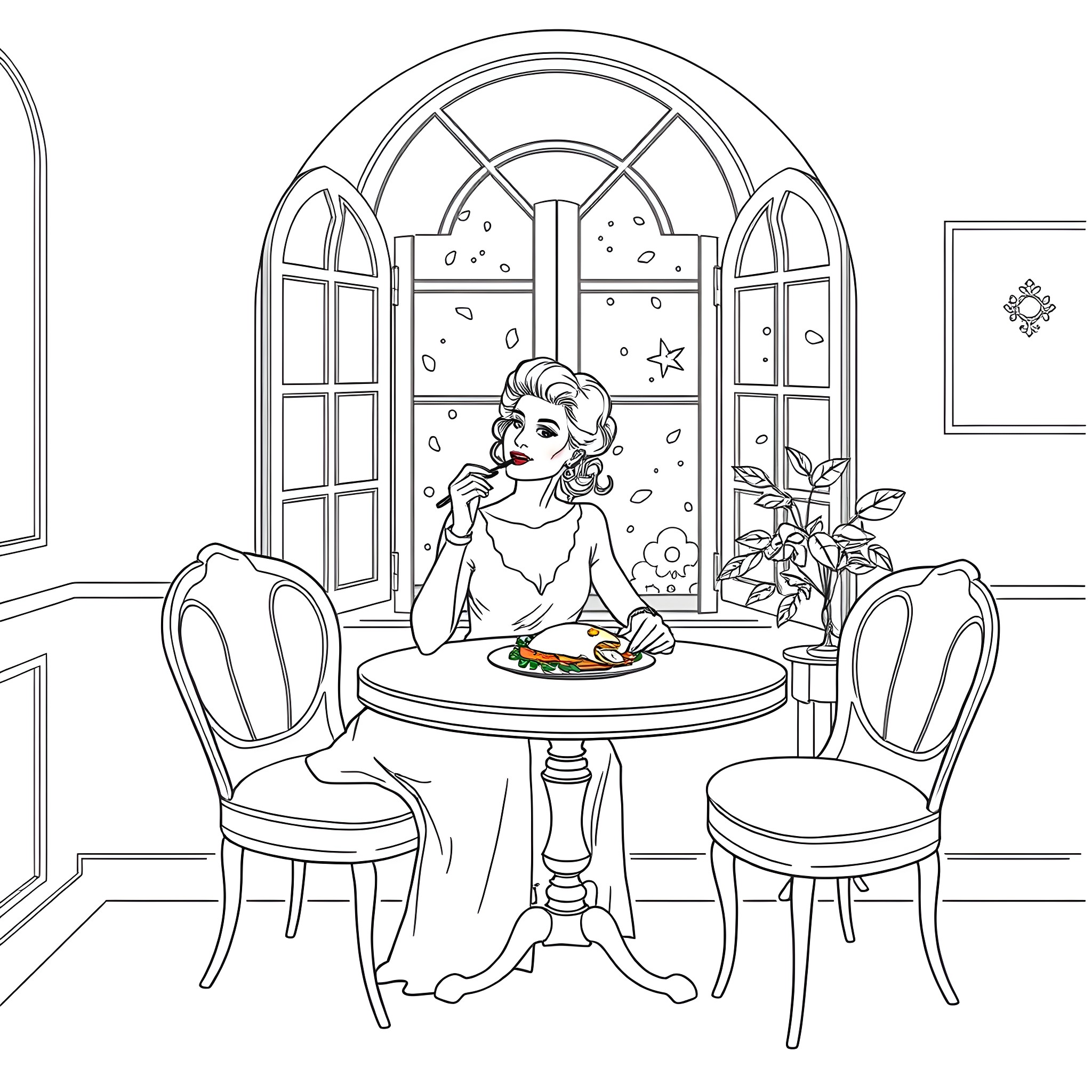 Mayoress enjoying a meal in a cozy dining room Coloring Page (free black-and-white line drawing printable PDF for all, from beginners to advanced learners, including children, teens, adults, and seniors)