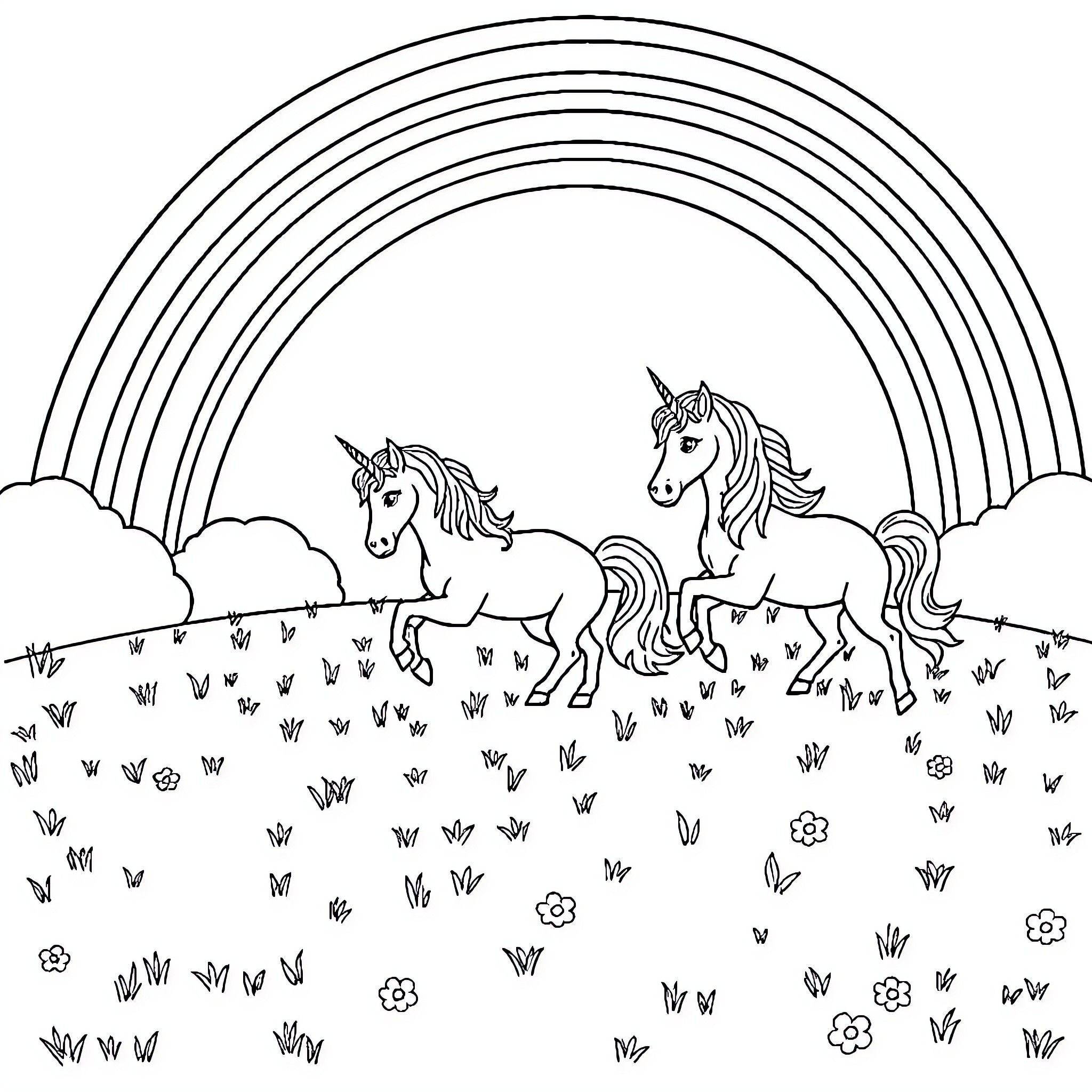 Unicorn Meadow with Colorful Rainbow Coloring Page (free black-and-white line drawing printable PDF for all, from beginners to advanced learners, including children, teens, adults, and seniors)
